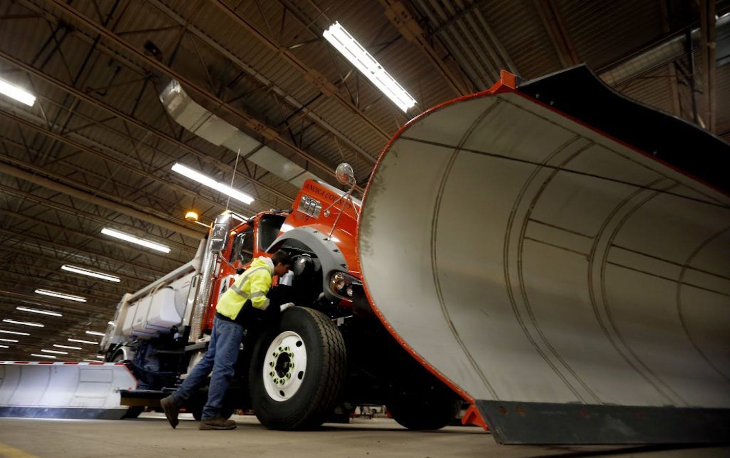 In 2014, Tanner Anderson checked an Anoka County snowplow truck. Anderson plows an 184-mile route in Anoka County.