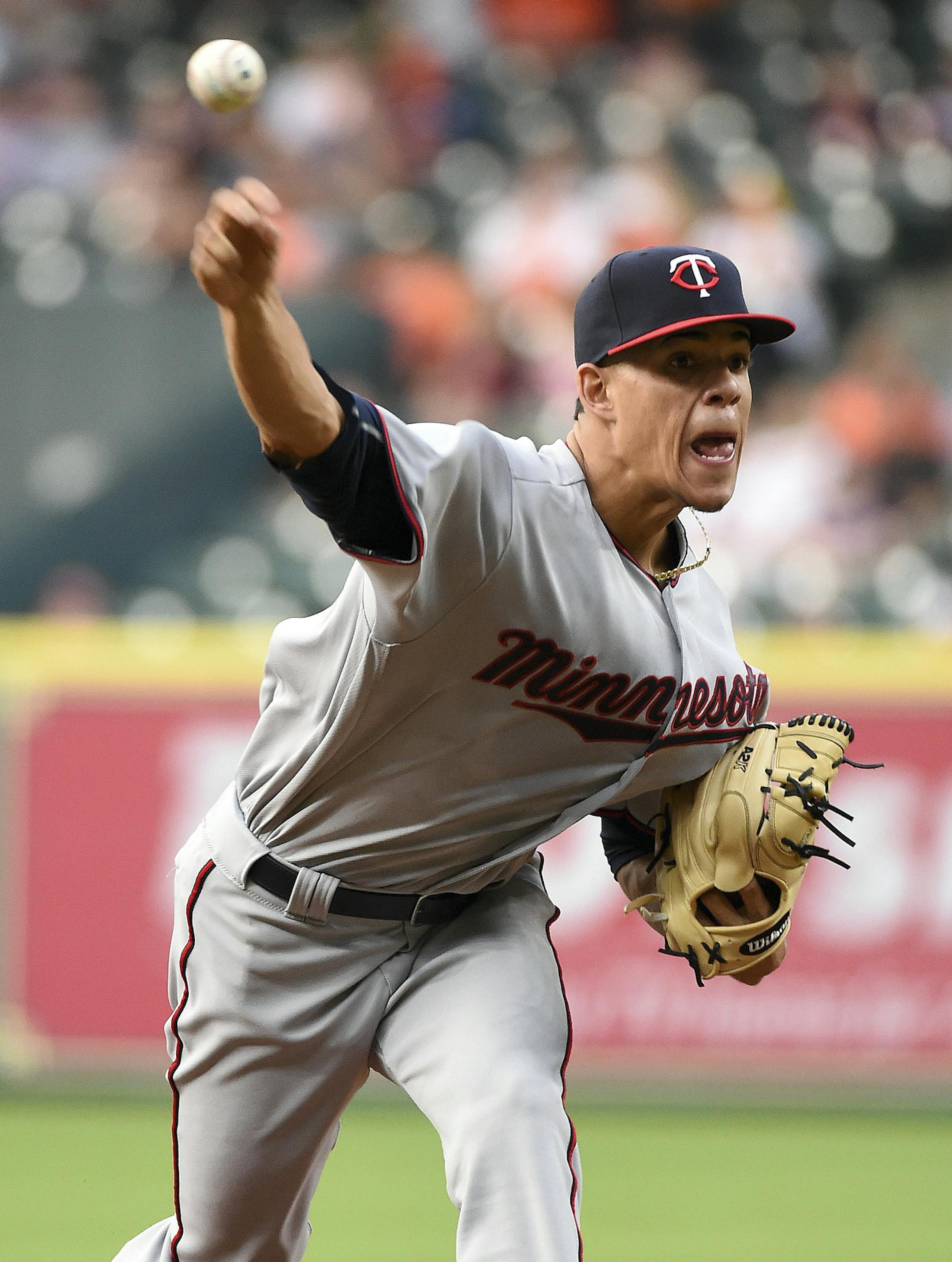 Minnesota Twins pitcher Jose Berrios (17) delivers a pitch in the first inning of a baseball game against the Houston Astros, Monday, May 2, 2016, in Houston. (AP Photo/Eric Christian Smith) ORG XMIT: MIN2016050819474541