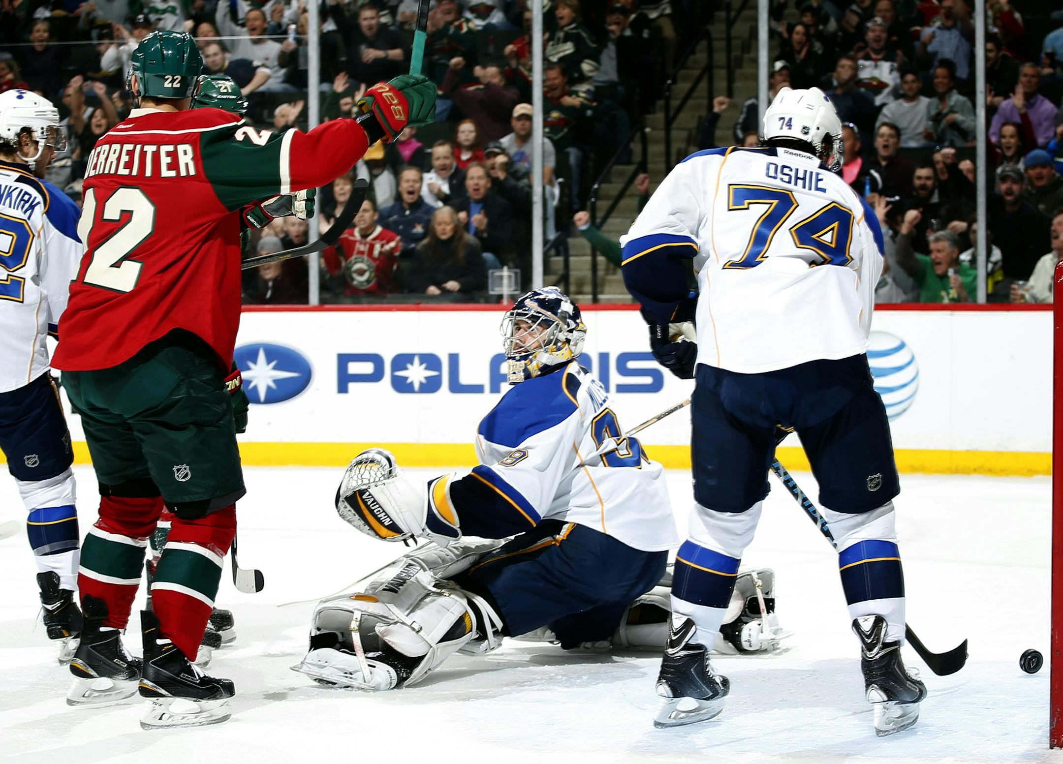 Nino Niederreiter (22) deflected the puck past Blues goalie Ryan Miller (39) for a goal in the first period. ] CARLOS GONZALEZ cgonzalez@startribune.com - April 10, 2014, St. Paul, Minn., Xcel Energy Center, NHL, Minnesota Wild vs. St. Louis Blues