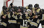 Andover players celebrated their 5-3 victory over Edina in the Class 2A girls' hockey championship at the X in February.