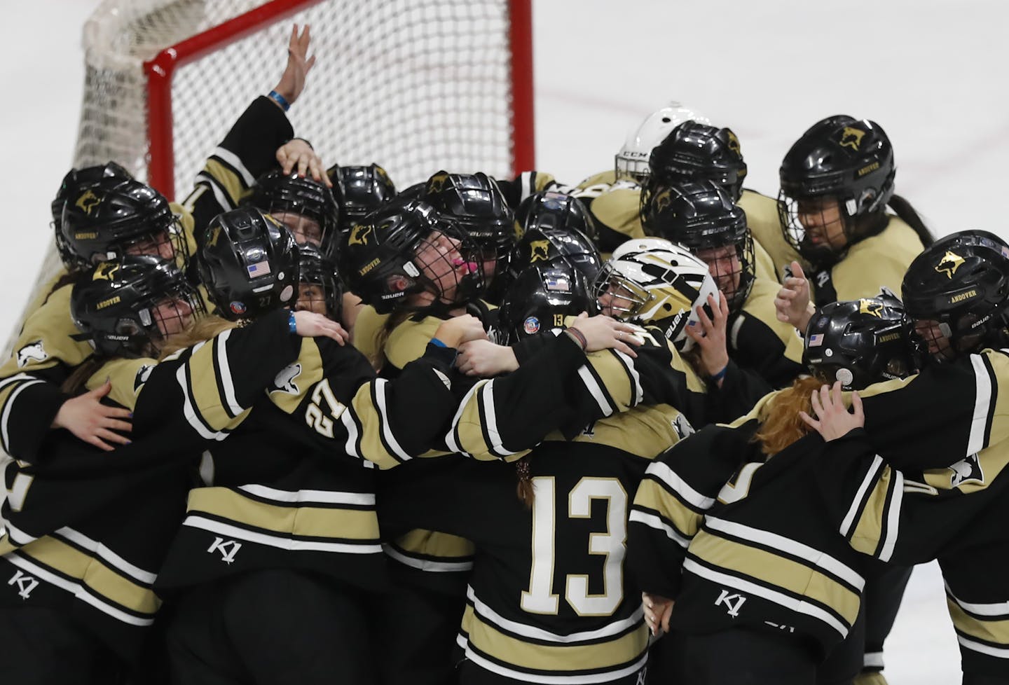 Andover players celebrated their 5-3 victory over Edina in the Class 2A girls' hockey championship at the X in February.