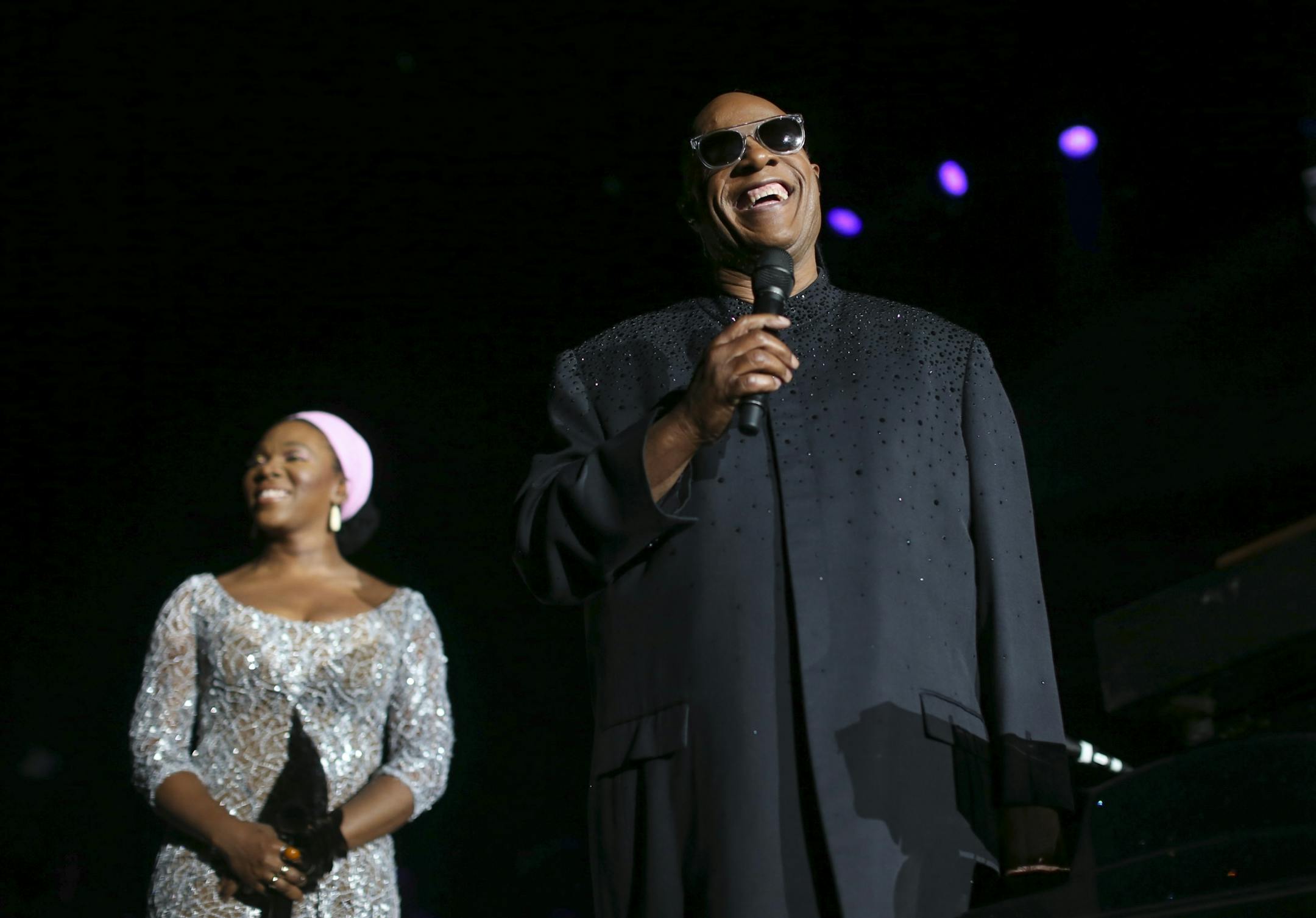 Stevie Wonder was escorted on stage by India Arie, who performed also performed with him. He greeted the audience before he began with the first cut on the album, "Love's in Need of Love Today" Sunday night at Target Center.