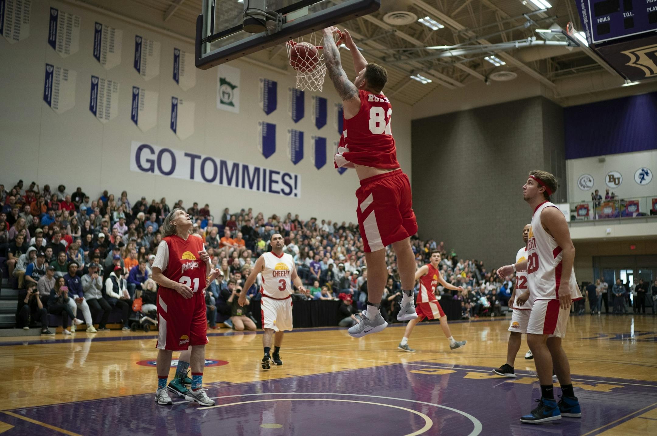 Team Pringles Kyle Rudolph with one of several dunks during the game. He was named MVP.