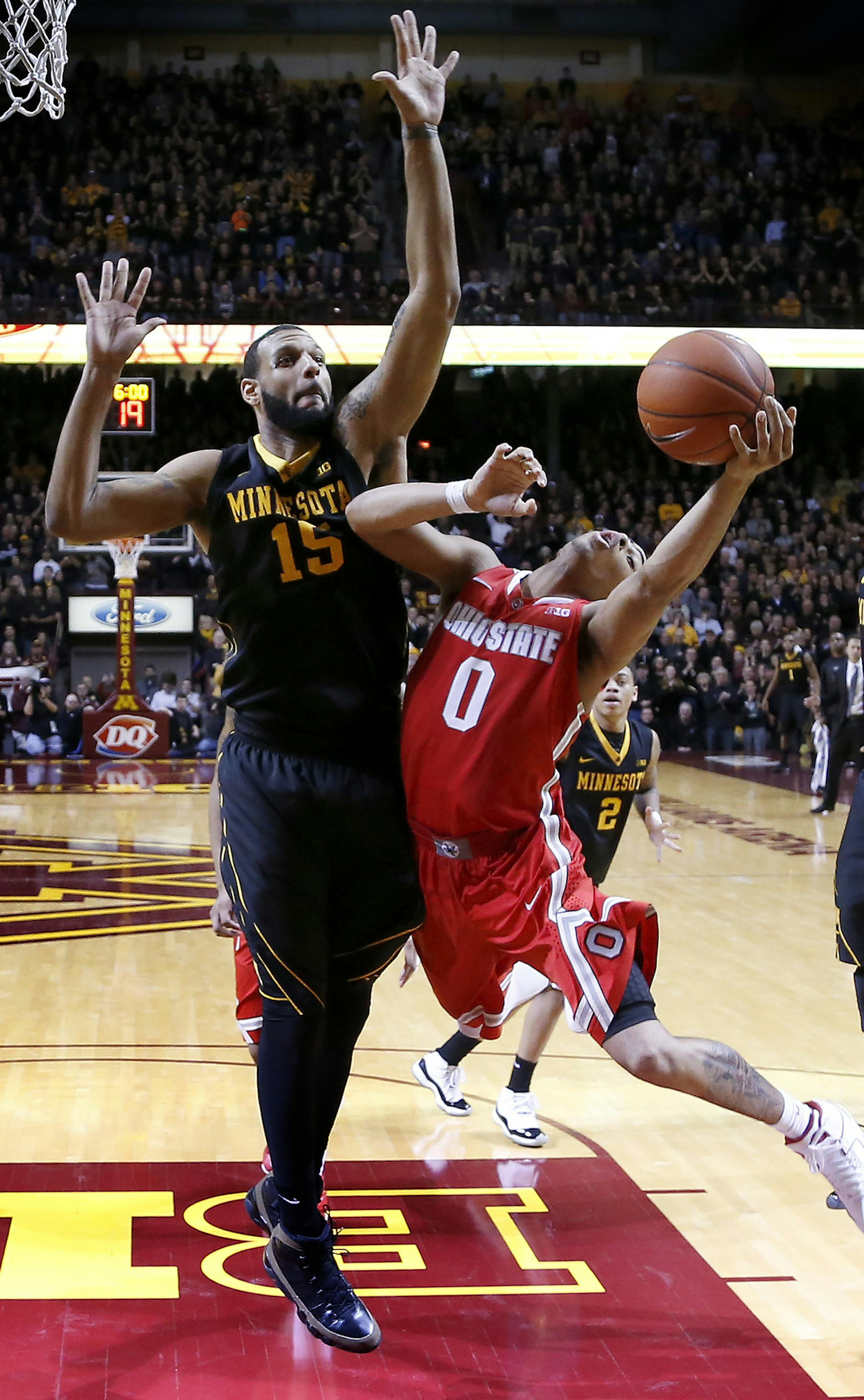 Maurice Walker (15) blocked a shot by D'Angelo Russell (0) in the second half. ] CARLOS GONZALEZ cgonzalez@startribune.com, January 6, 2015, Minneapolis, Minn., Williams Arena, NCAA Basketball, University of Minnesota Gophers vs. Ohio State Buckeyes