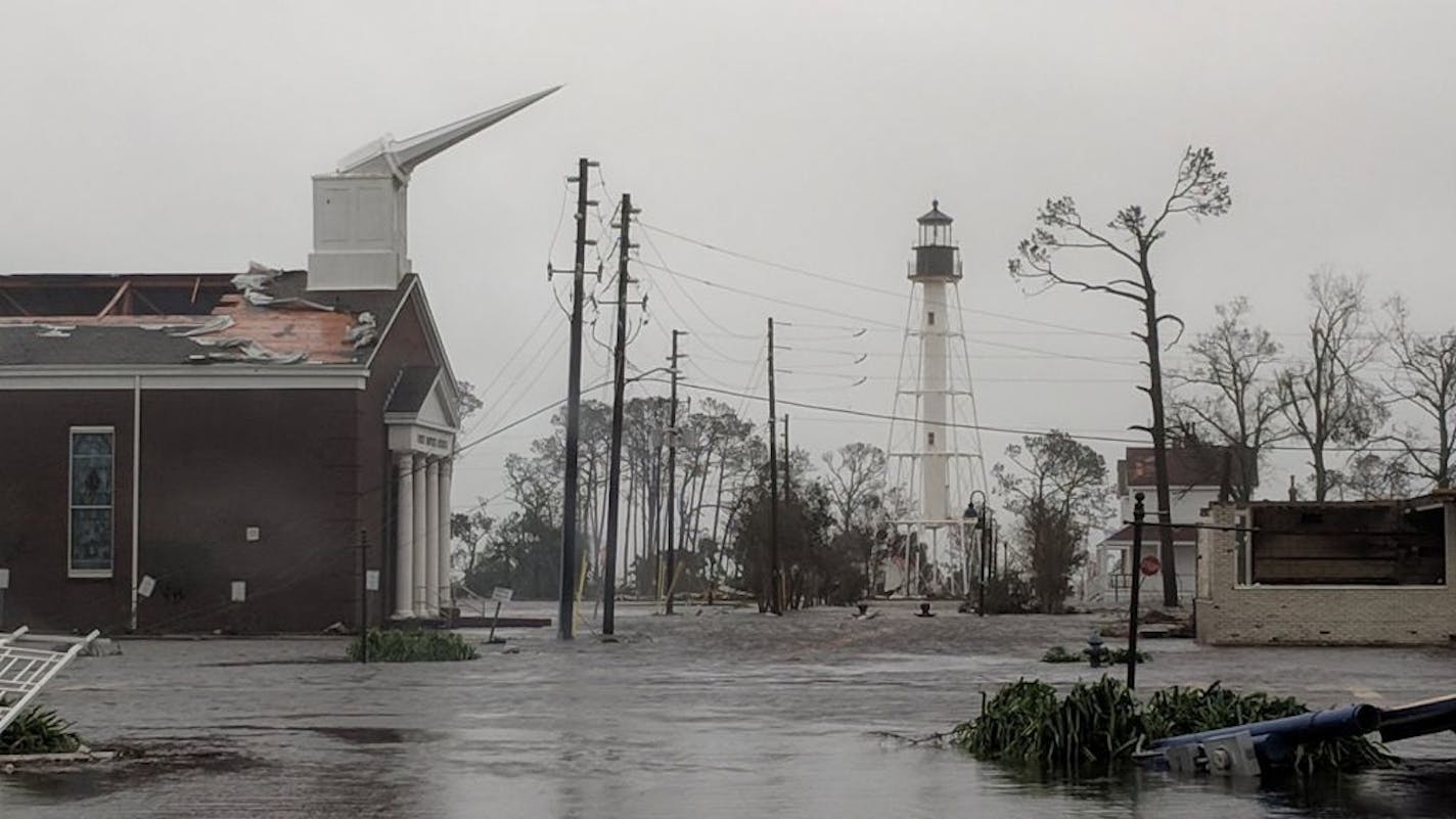 The First Baptist Church of Port St Joe was significantly damaged and water remains on the street near the church in the Florida Panhandle on Wednesday, Oct. 10, 2018, after Hurricane Michael made landfall.