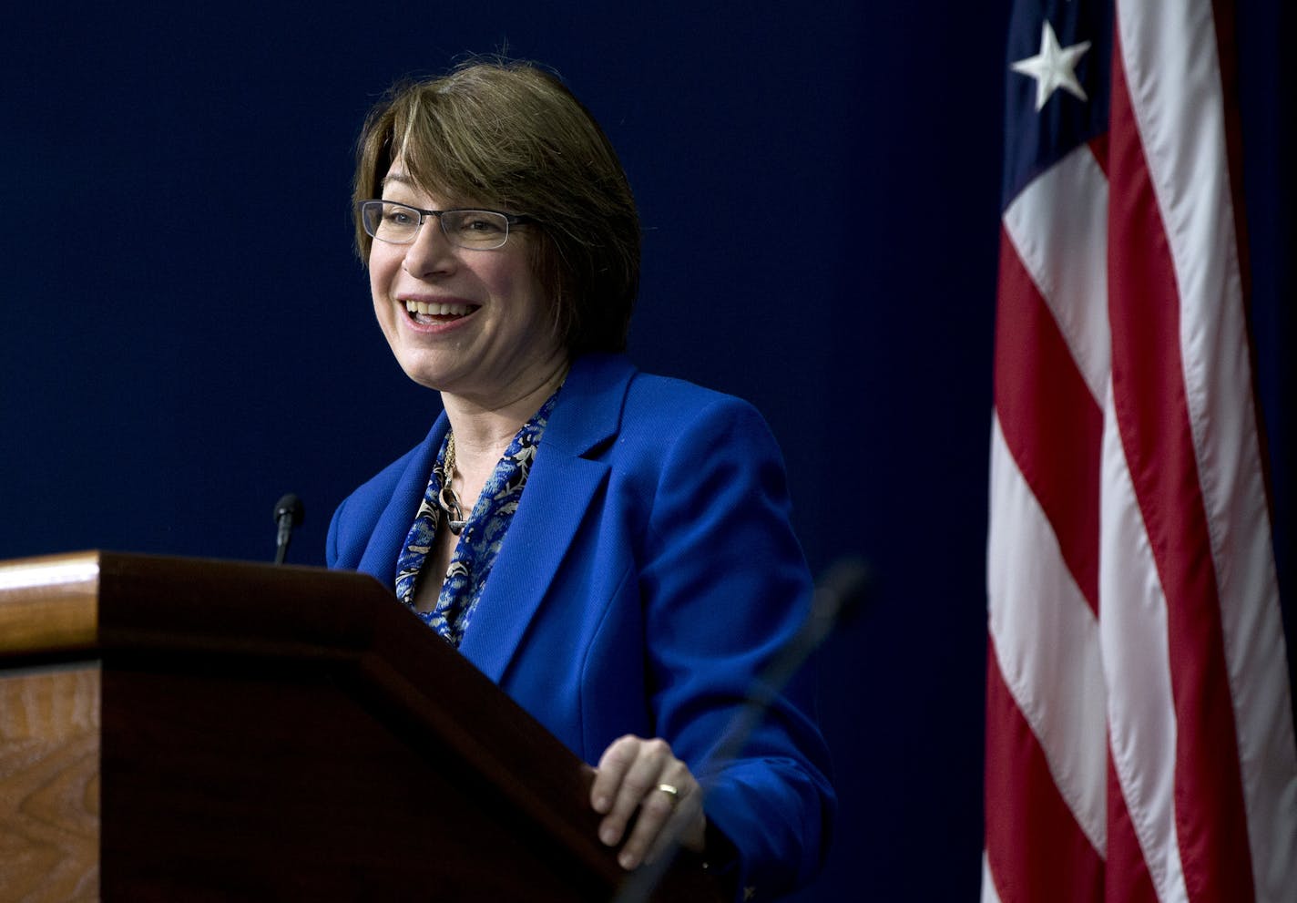 Sen. Amy Klobuchar, shown at the White House in February, has been working for years on a long-term plan to boost the nearly broke Highway Trust Fund. She was abuzz about the bipartisanship behind the Senate's six-year plan and the security it could bring.