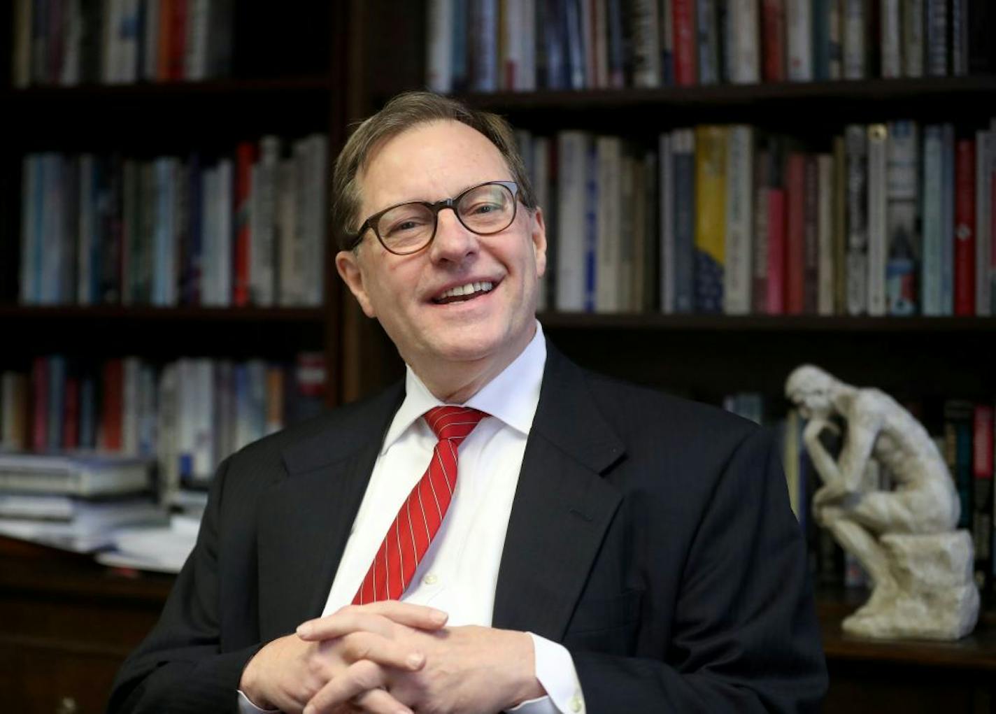 John Hinderaker is President of the conservative think tank Center of the American Experiment and was photographed in his office Thursday, Dec. 1, 2016, in Golden Valley, MN. Hinderaker's goal: move the nonprofit from a thought leader that spoke to a few already tuned-in conservatives in the Twin Cities to millions of Minnesotans across the political spectrum. "You need to educate the people," Hinderer said, "not just a few people, we've got to educate the masses."