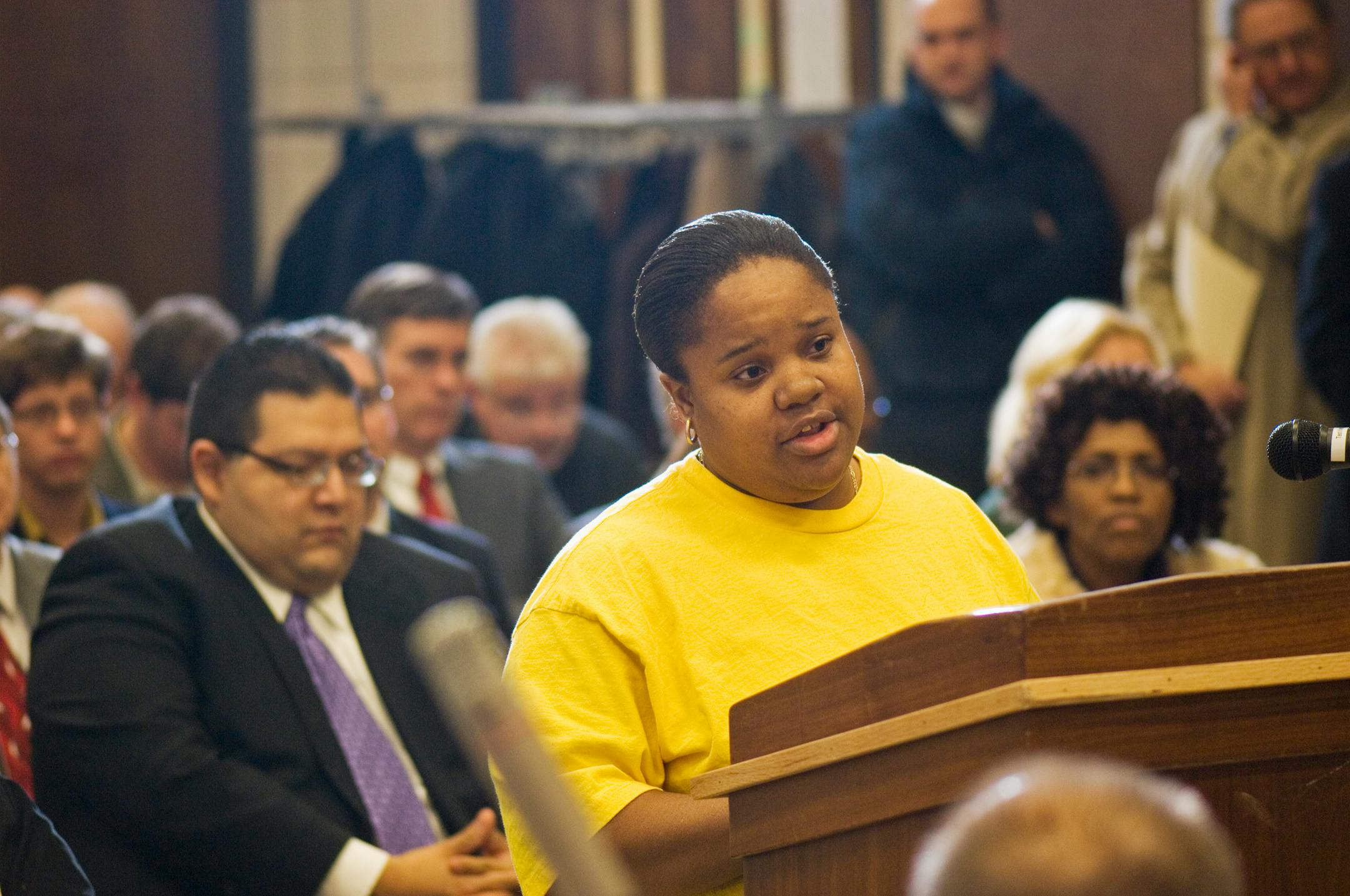 Kionne Robinson told legislators she fears losing her Brooklyn Center home because of the rising costs of an adjustable-rate mortgage. The hearing was at the Folwell Park Community Center in Minneapolis.