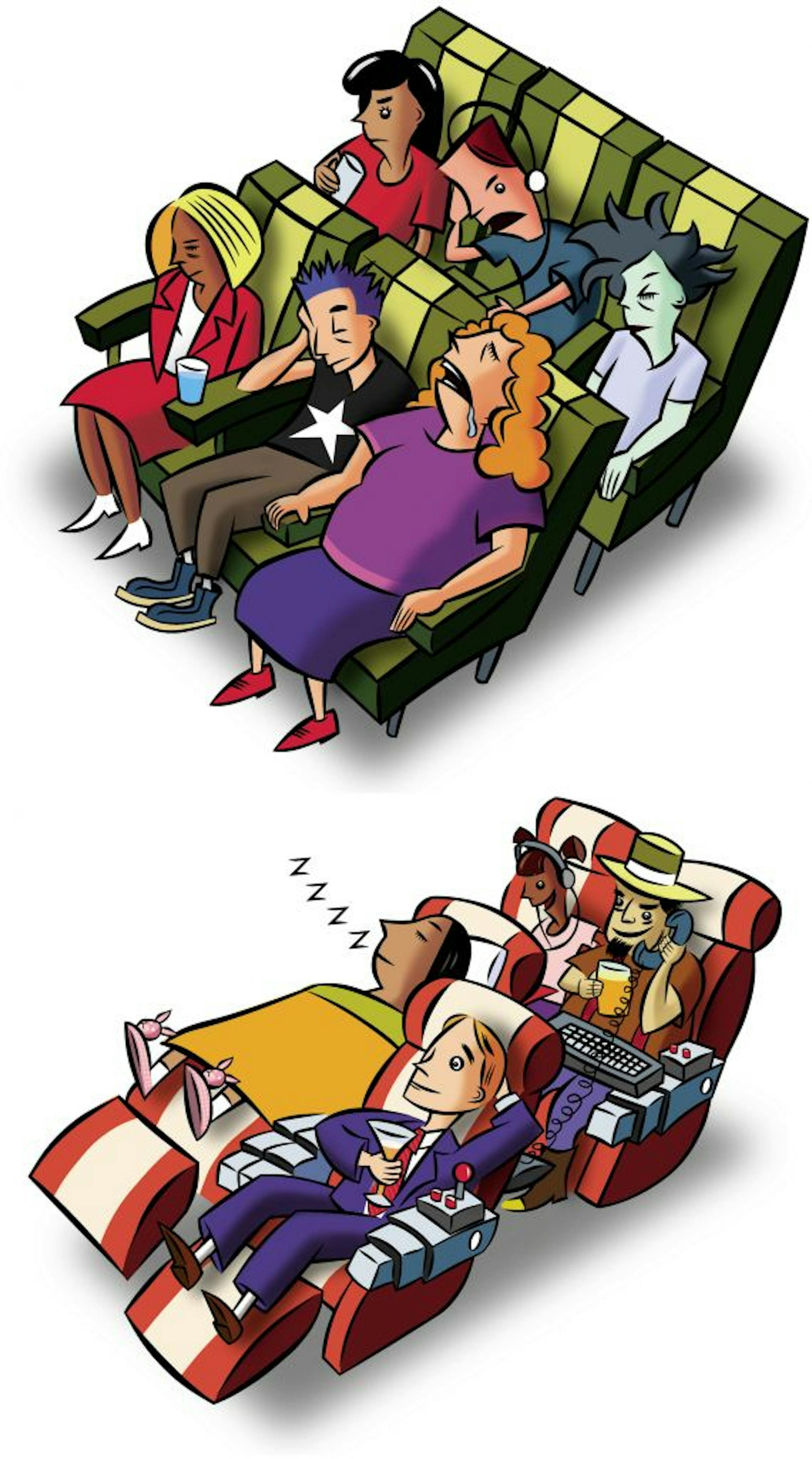 200 dpi 4 col. x 15.5 inches/220x394 mm/749x1339 pixels Neil Nakahodo color illustration of airline passengers seated in coach and first class. The Kansas City Star 2000 With AIRSEATS, Knight Ridder by Karen Uhlenhuth