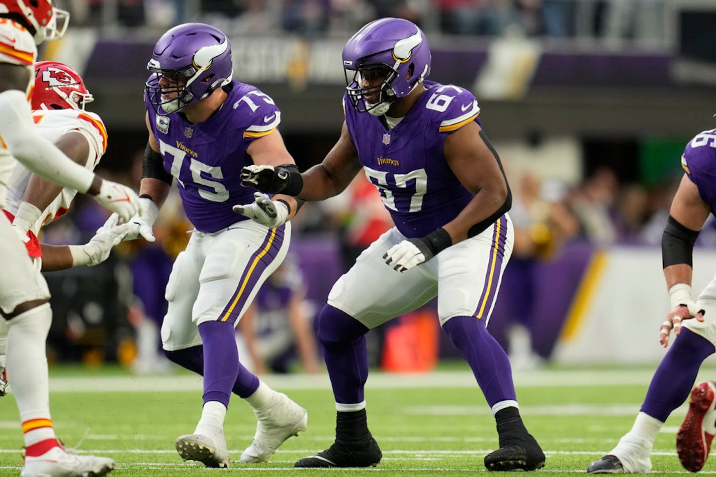 Minnesota Vikings guard Ed Ingram (67) blocks during the second half of an NFL football game against the Kansas City Chiefs Sunday, Oct. 8, 2023, in Minneapolis. (AP Photo/Abbie Parr)