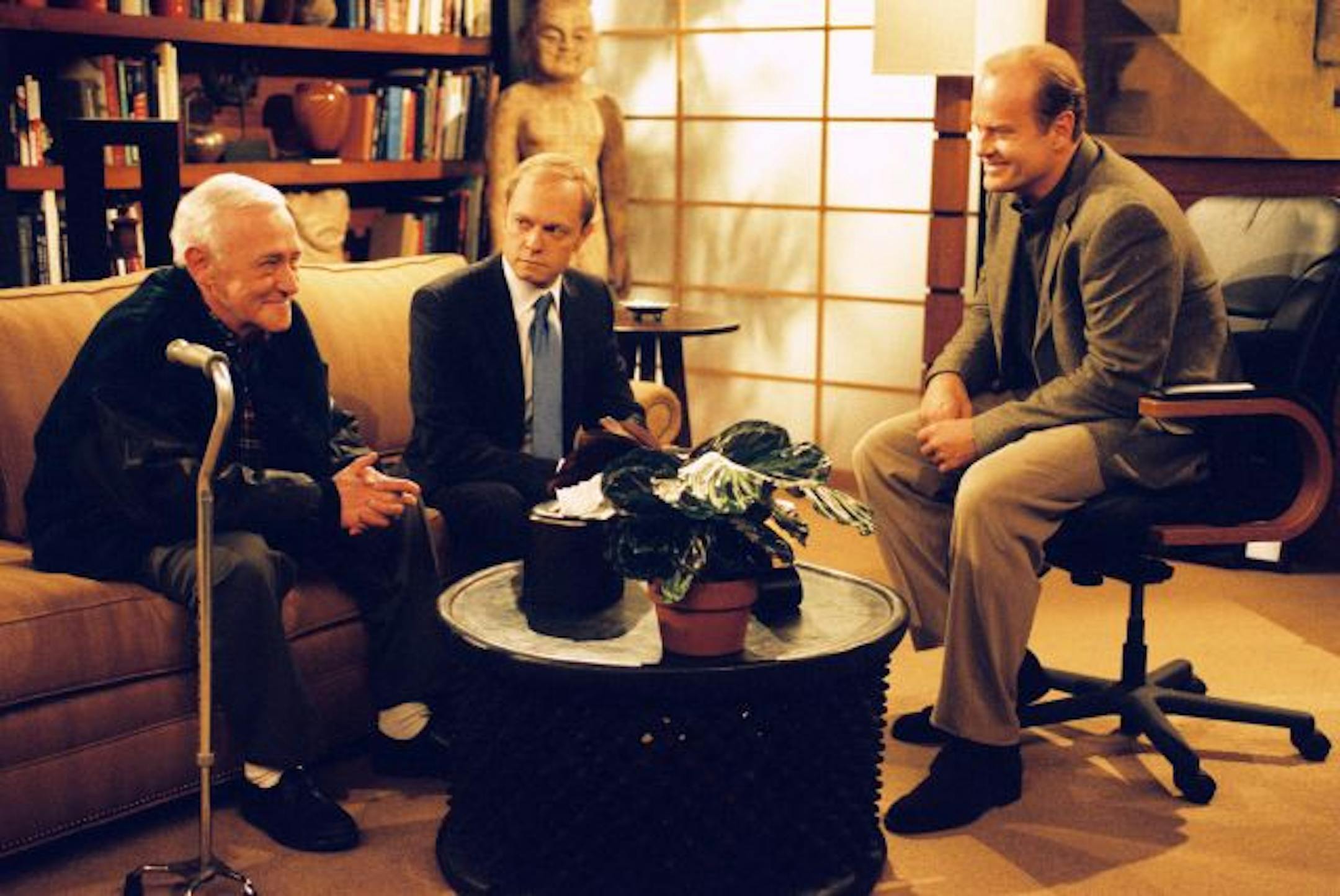 David Hyde Pierce, center, with John Mahoney, left, and Kelsey Grammer in "Frasier."