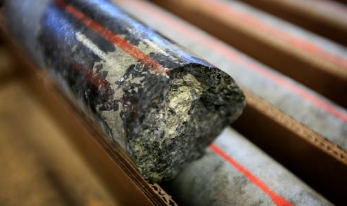 Core samples show the rich mineral deposits found in a rock.