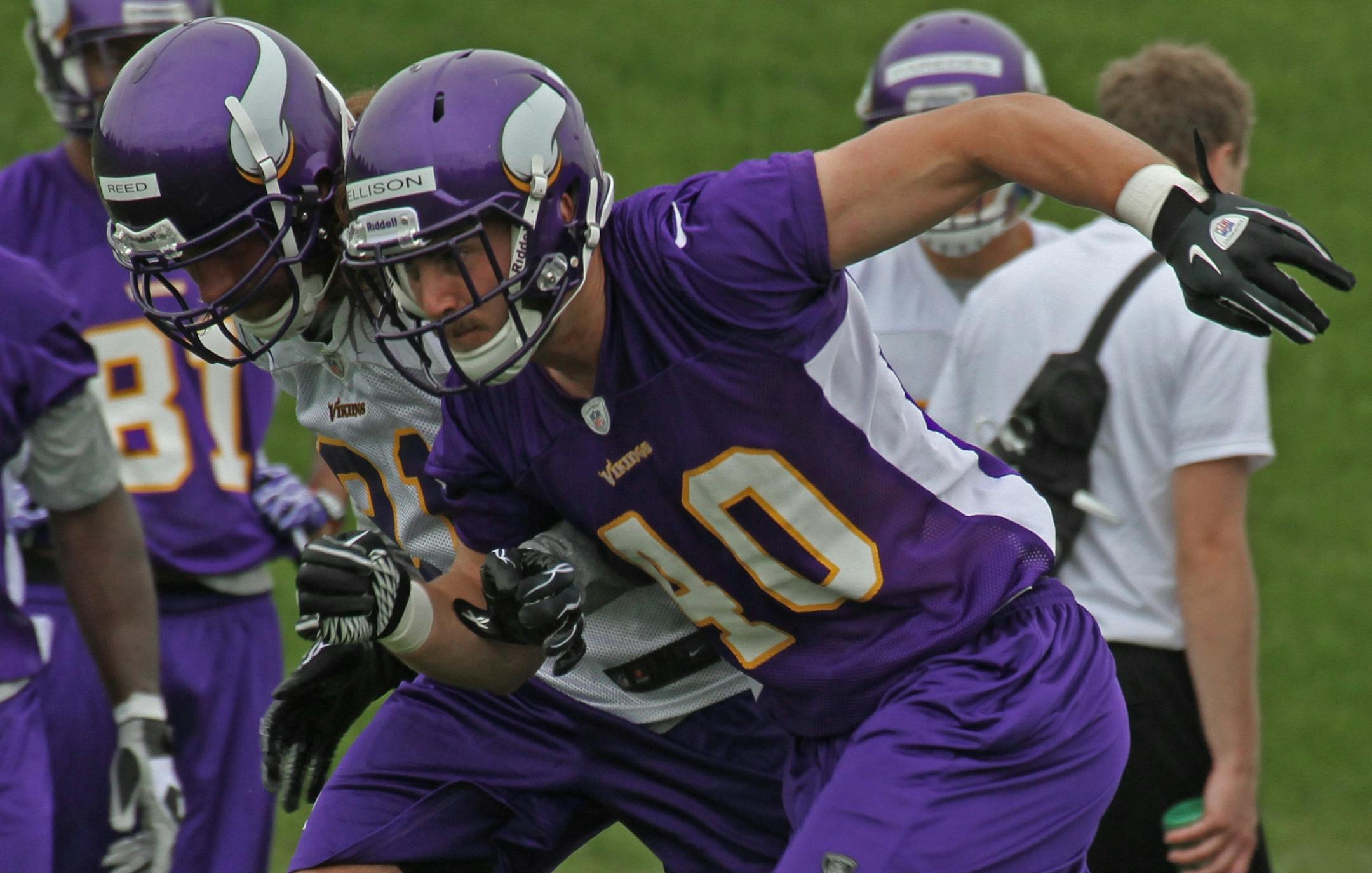 2012 Vikings Rookie Mini-Camp, 5/4/12. (right to left) Nick Reed and Rhett Ellison ran drills during the rookie mini-camp at Winter Park.