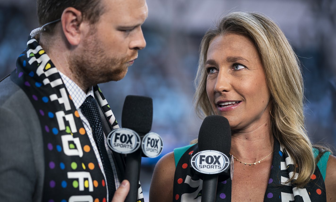 Kyndra de St. Aubin, right, and Callum Williams talk live during the pre-game broadcast. ] LEILA NAVIDI &#xa5; leila.navidi@startribune.com BACKGROUND INFORMATION: Kyndra de St. Aubin and Callum Williams talk during the pre-game broadcast before the Minnesota United match against Philadelphia Union at Allianz Field in St. Paul on Sunday, June 2, 2019.