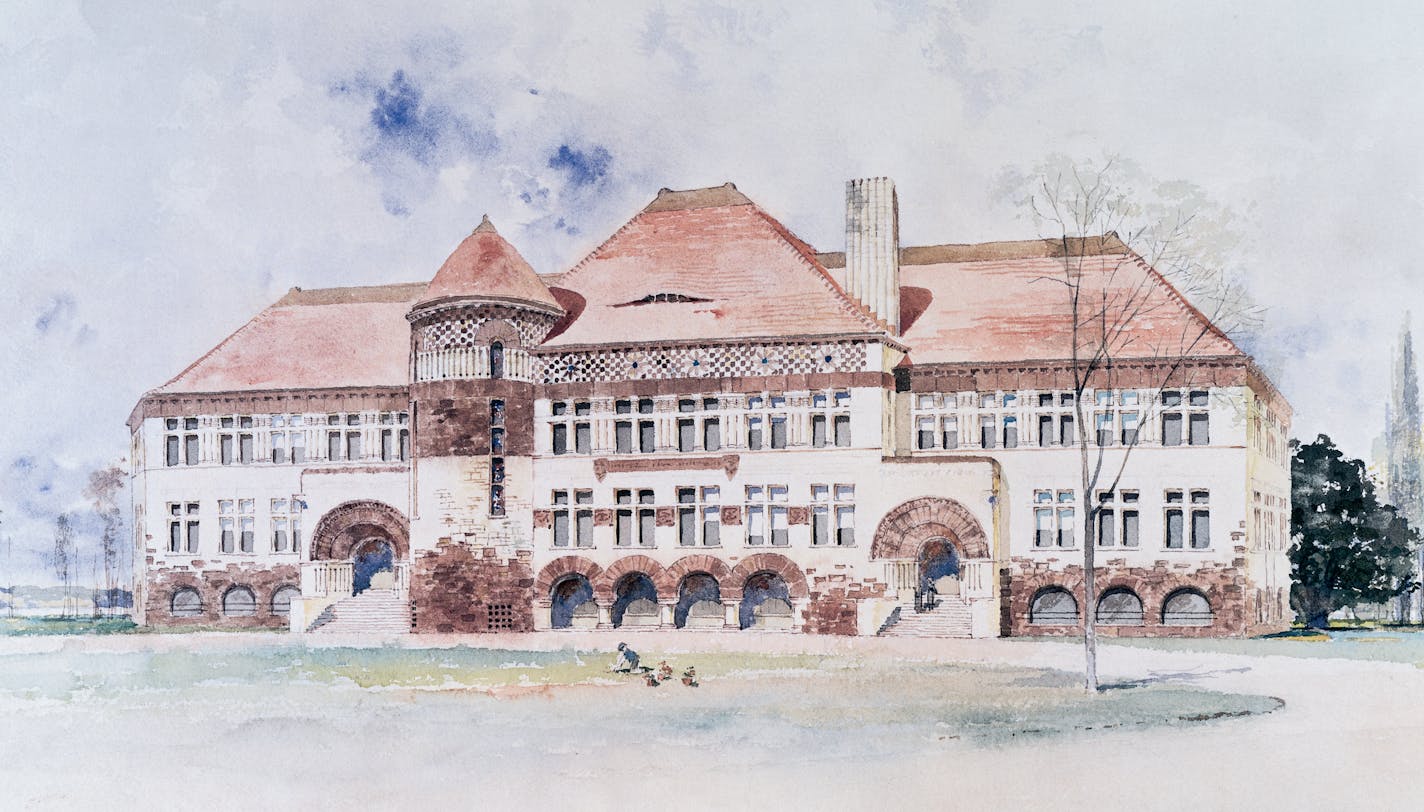 Pillsbury Hall is shown in a watercolor by architect LeRoy Buffington's associate.