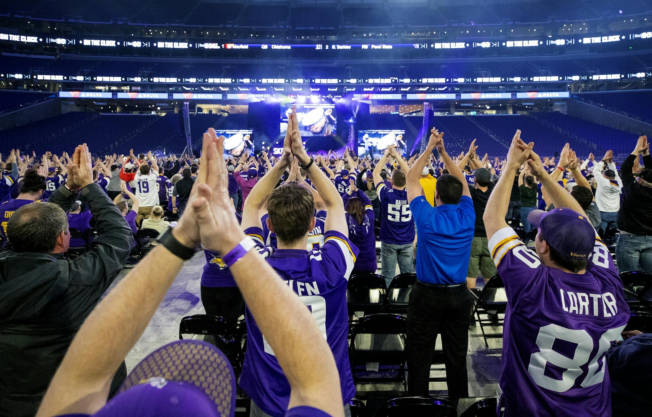 Fans did the Skol Chant at the Minnesota Vikings draft party held at US Bank Stadium on Thursday.