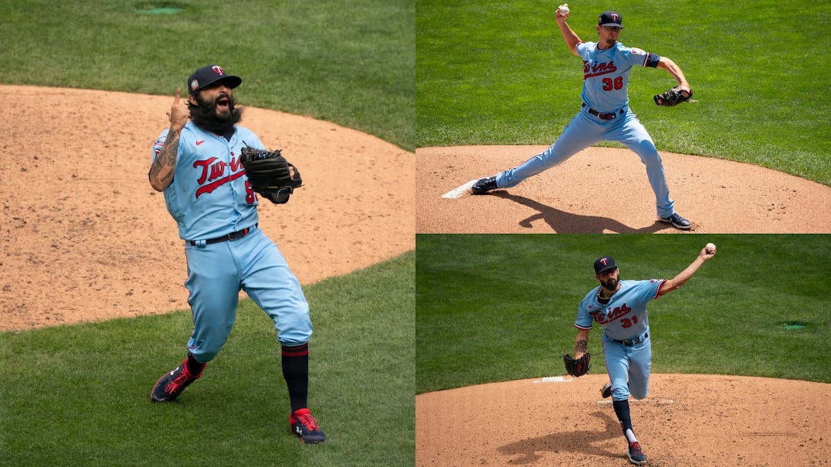 (Clockwise from left) Sergio Romo, Tyler Clippard and Devin Smeltzer were three of the Twins' six relievers who held Cleveland to two hits in a 3-1 vi