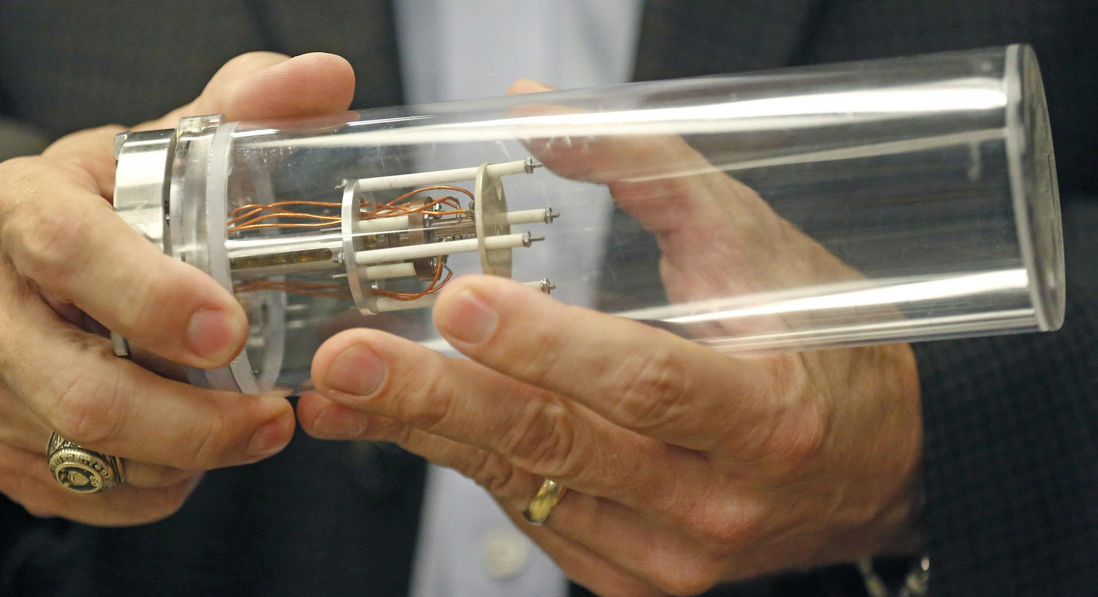 University of North Texas chemistry professor Dr. Guido Verbeck holds the sensor of a breathalyzer that will test for drugs while at the University of North Texas College of Science in Denton, Texas on Thursday, Aug. 9, 2018. (Louis DeLuca/Dallas Morning News/TNS)