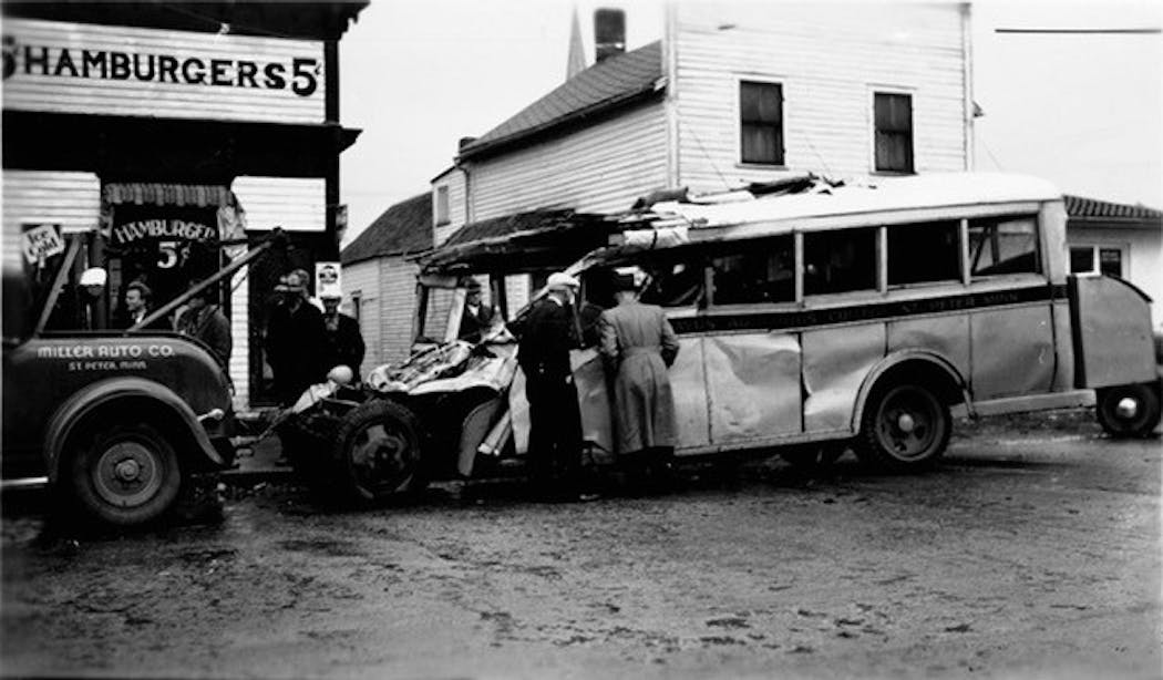 The team bus following the deadly crash on Nov. 12, 1938, near Belle Plaine.
