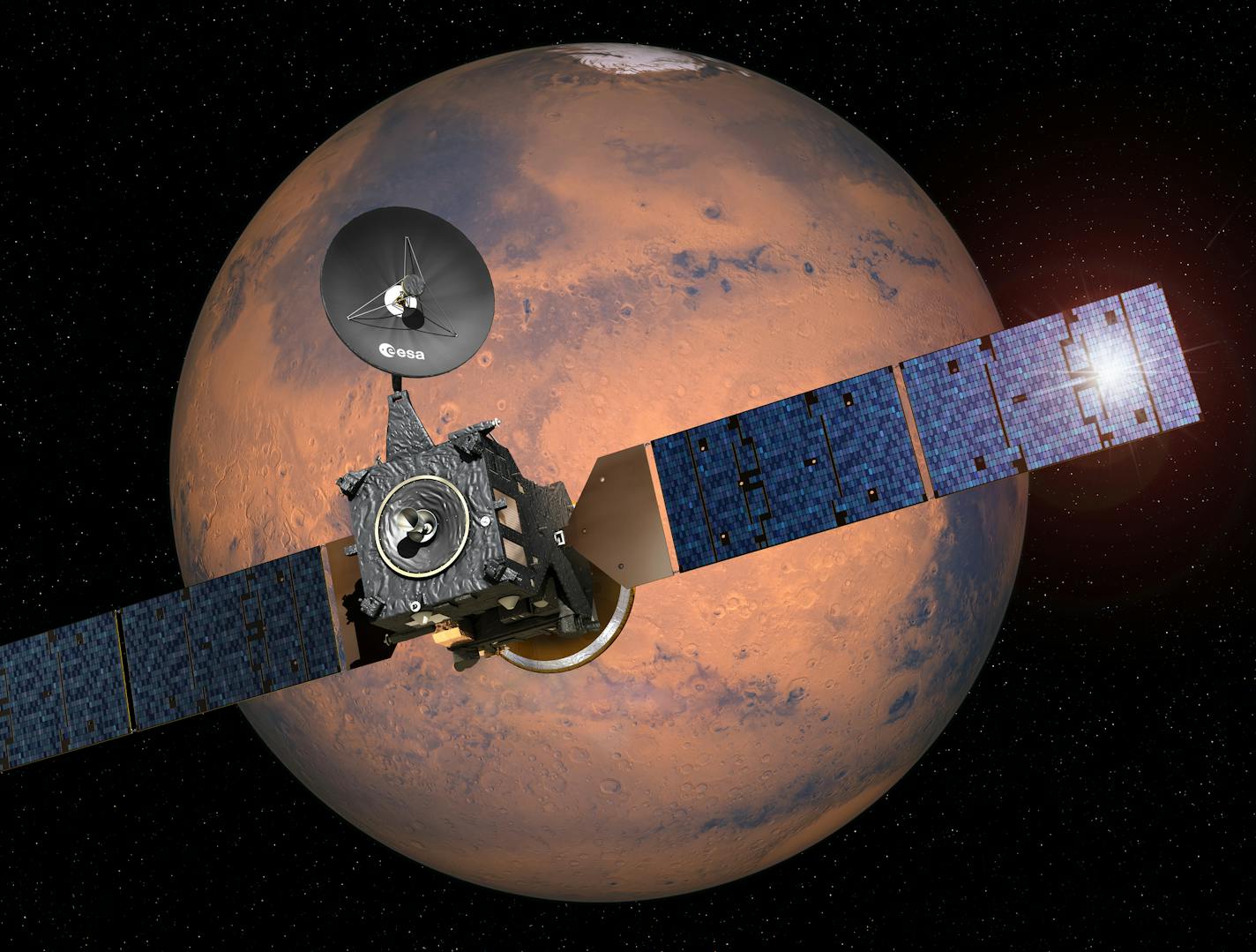 This image provided by the European Space Agency, ESA, shows an artist&#xb7;s impression depicting the separation of the ExoMars 2016 entry, descent and landing demonstrator module, named Schiaparelli, from the Trace Gas Orbiter, and heading for Mars. Europe and Russia have launched a joint mission to explore the atmosphere of Mars and hunt for signs of life on the red planet. Monday March 14, 2016 (ESA-D. Ducros/ via AP) MANDATORY CREDIT