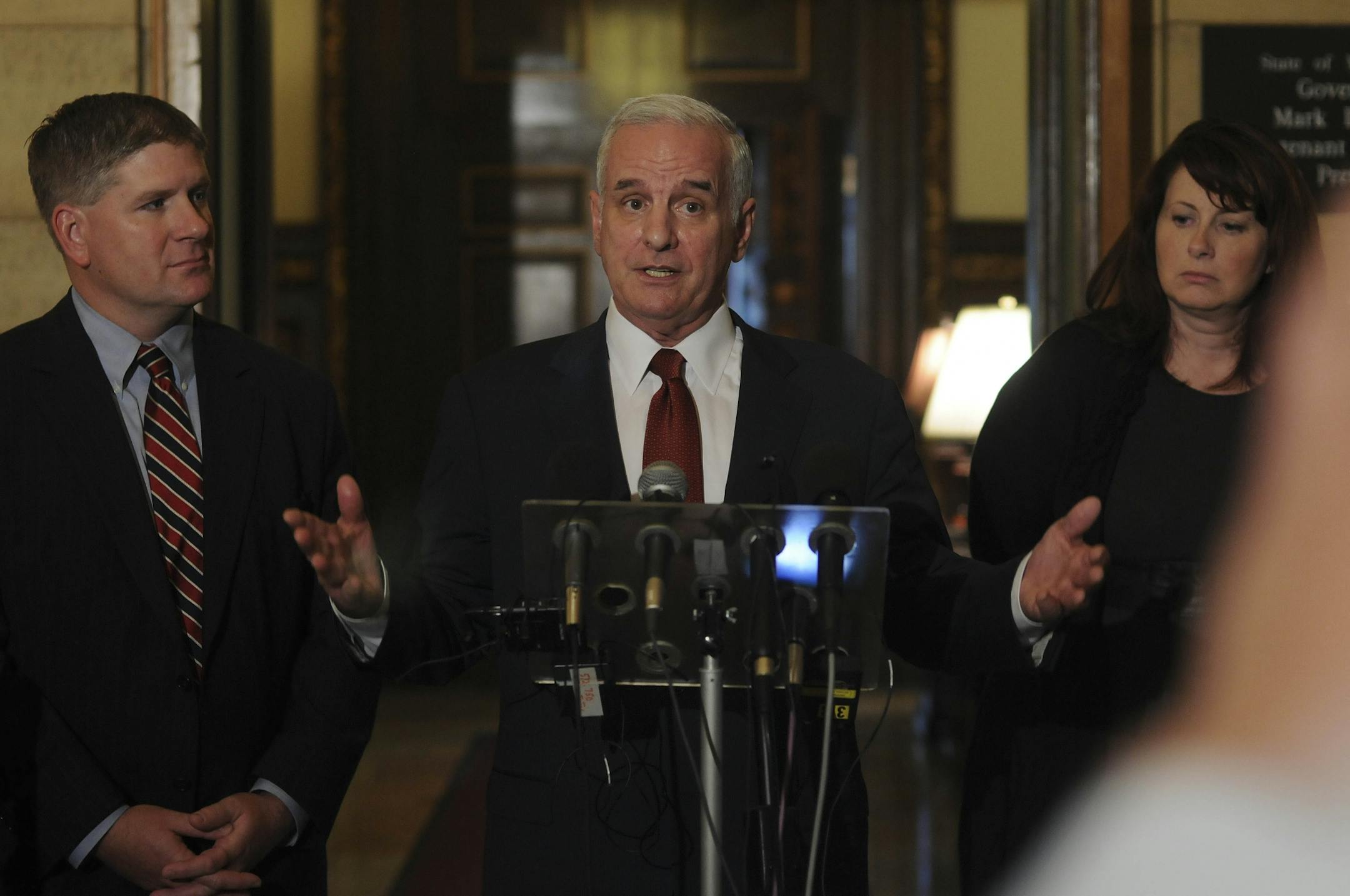 Gov. Mark Dayton met with House Speaker Kurt Zellers and Senate Majority Leader Amy Koch Friday about the Viking's stadium in the Governor's Reception Room. After the meeting the three came out to speak to the media.