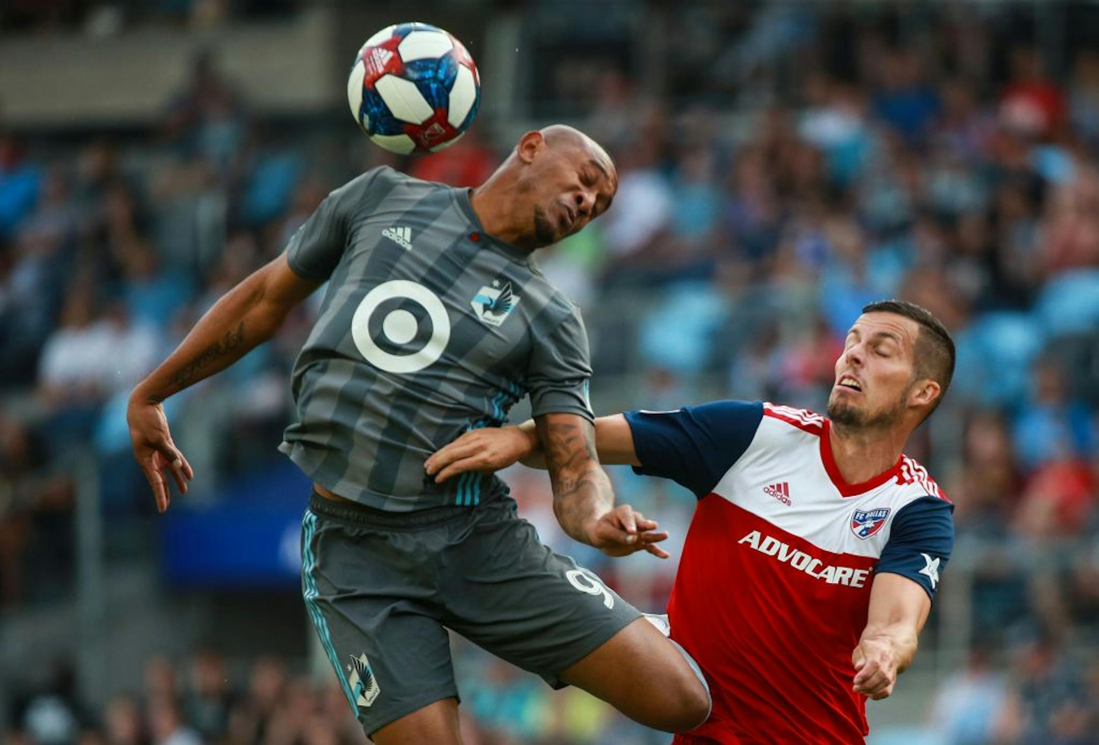 Minnesota FC forward Angelo Rodriguez (9) goes up for a header. ALEX KORMANN ¥ alex.kormann@startribune.com The Minnesota United FC took on FC Dalls on Saturday July 13, 2019 at Allianz Field in St. Paul, MN.