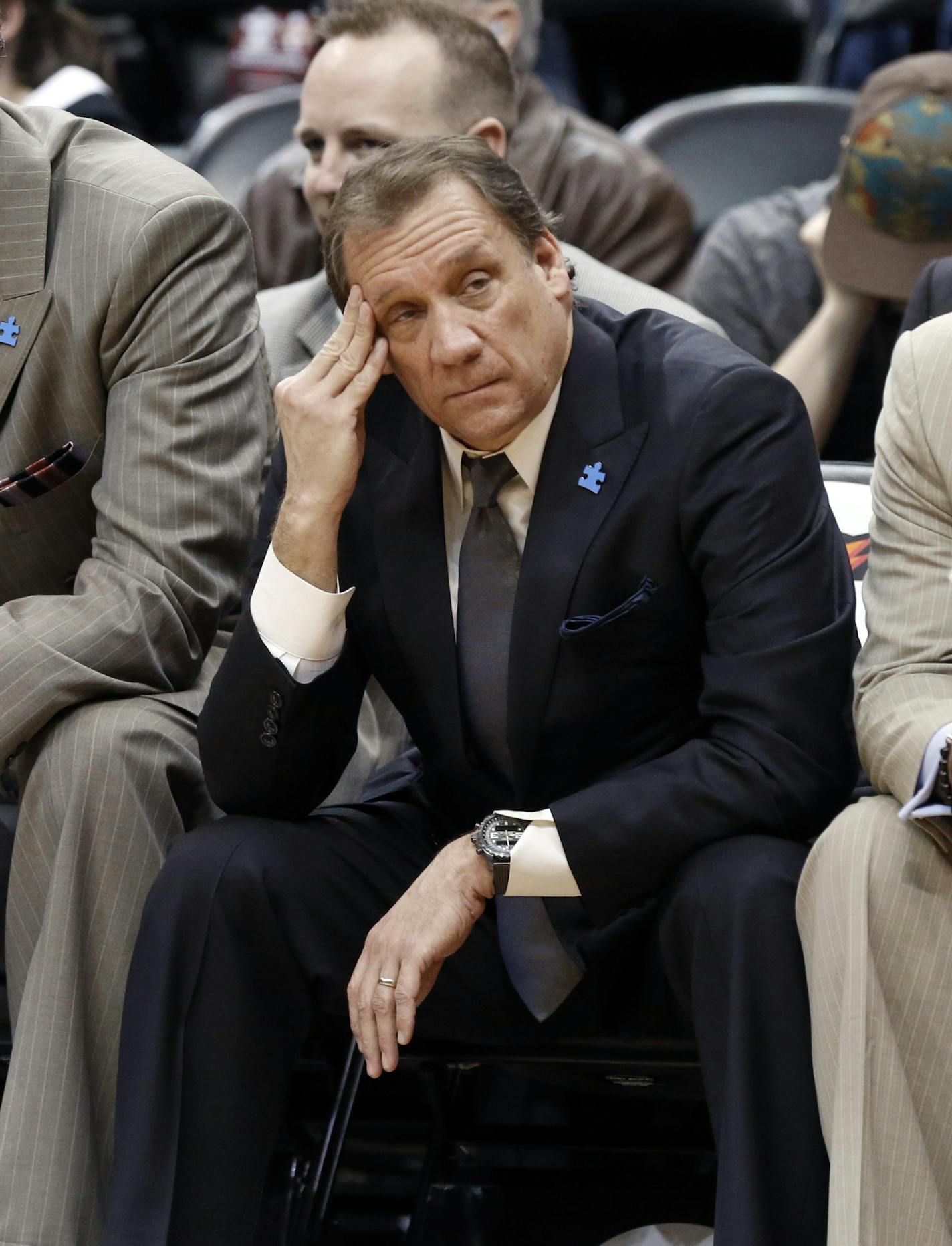 Minnesota Timberwolves head coach Flip Saunders sits on the bench in the second half of an NBA basketball game against the Los Angeles Lakers, Wednesday, March 25, 2015, in Minneapolis. The Lakers won 101-99 in overtime. (AP Photo/Jim Mone) ORG XMIT: MIN2015032720321248