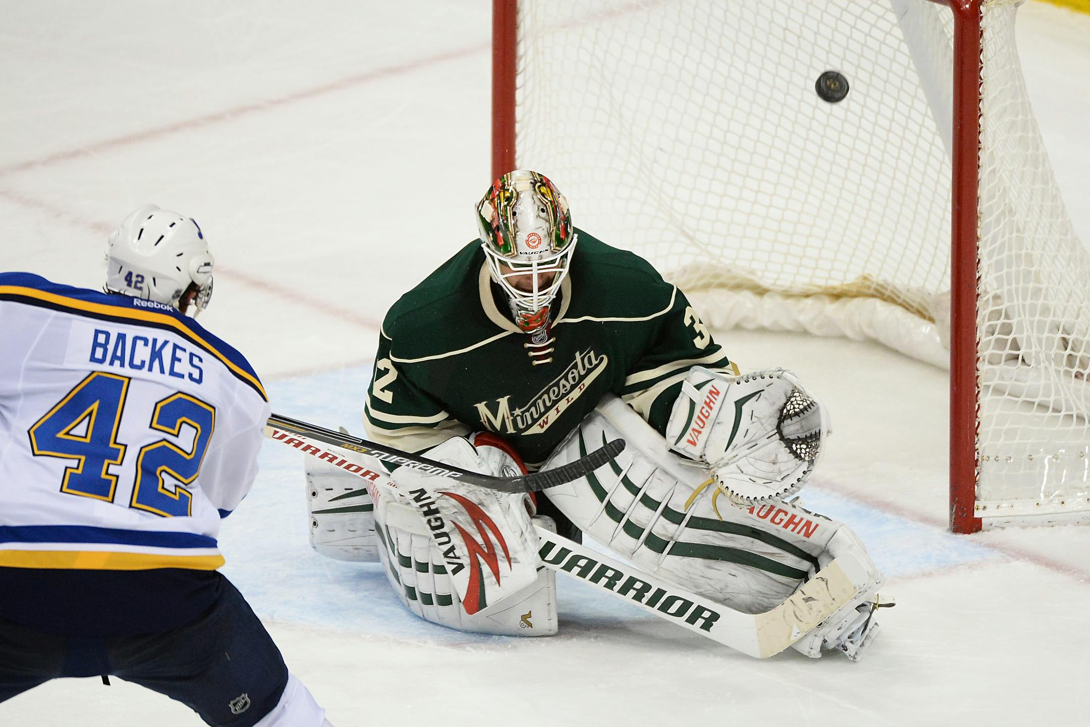 St. Louis Blues center David Backes (42) scores a game-tying goal on Minnesota Wild goalie Niklas Backstrom (32) during the third period Saturday night. ] AARON LAVINSKY � aaron.lavinsky@startribune.com The Minnesota Wild play against the St. Louis Blues Saturday, Nov. 29, 2014 at Xcel Energy Center in St. Paul.