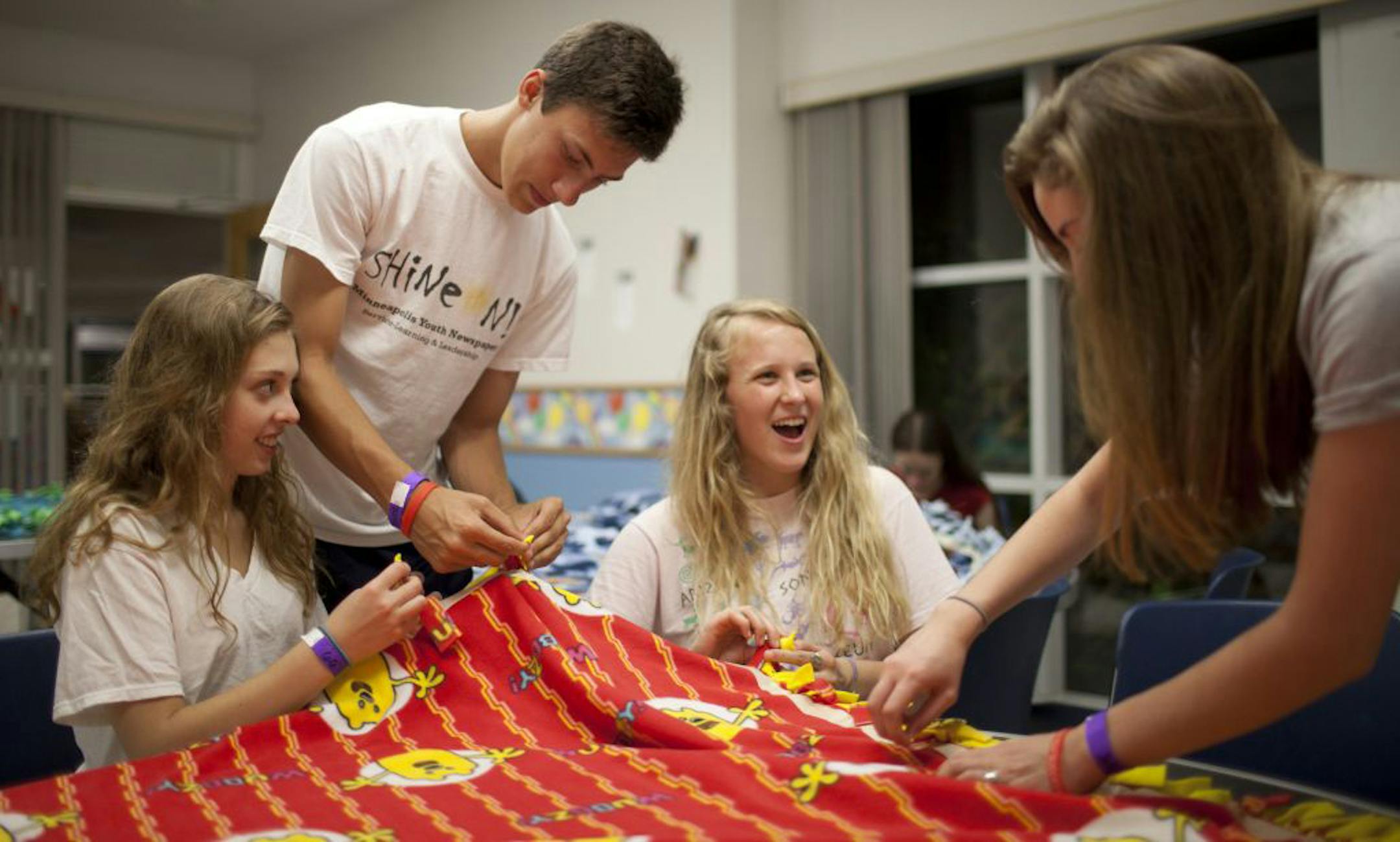 At Southwest, Emma Chapman, Ben Nordquist, Perry Anderson and Mary Goetz tied fleece blankets.