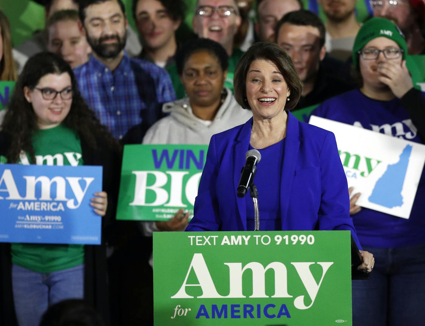 Democratic presidential candidate Sen. Amy Klobuchar, D-Minn., speaks at her election night party, Tuesday, Feb. 11, 2020, in Concord, N.H. (AP Photo/Robert F. Bukaty)