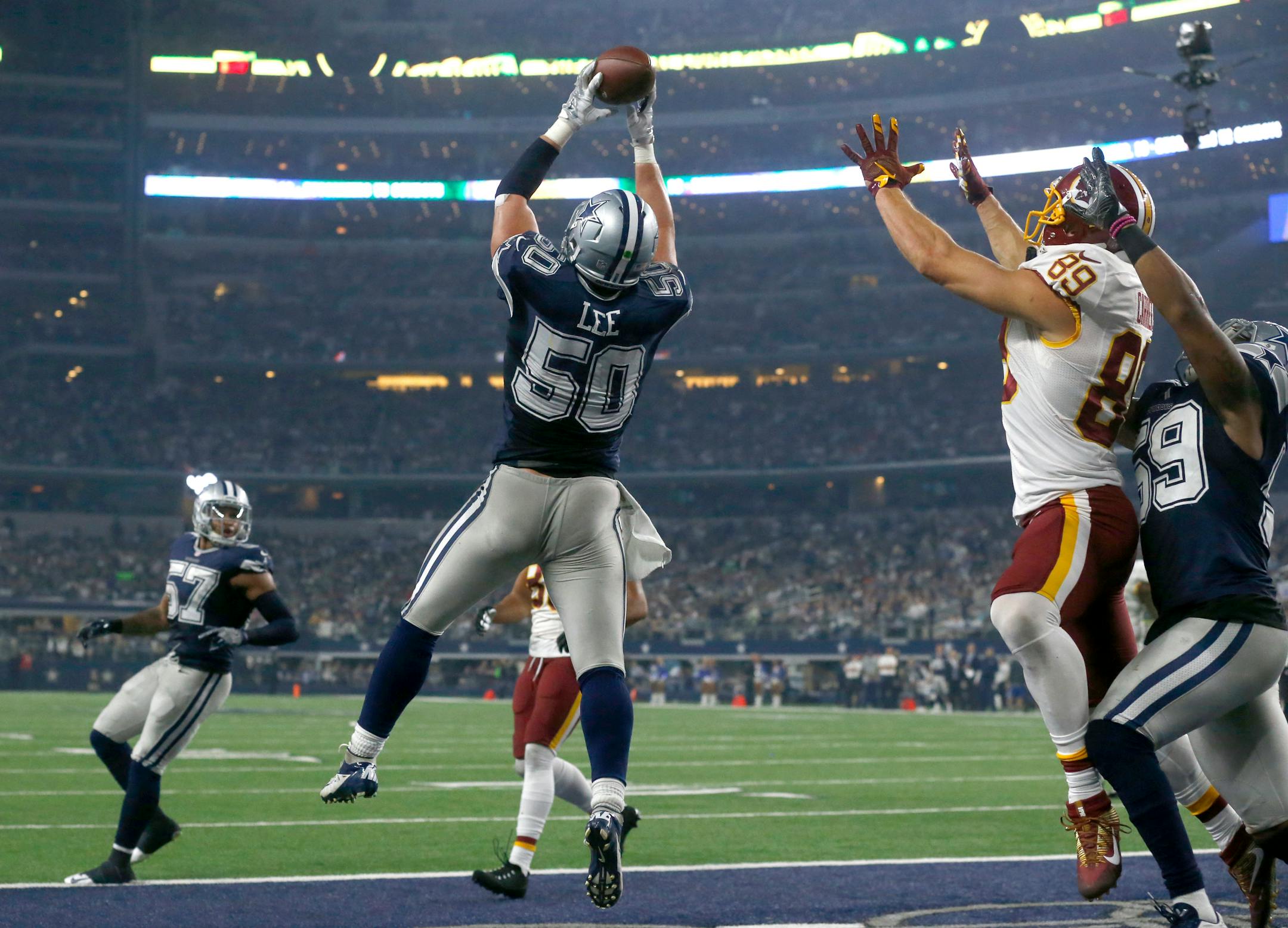 Cowboys outside linebacker Sean Lee intercepted a pass in the end zone intended for Redskins tight end Derek Carrier during the second half Thursday. Defensive coordinator Rod Marinelli directs an unheralded group that features Lee as its only returning Pro Bowl player against the Vikings on Thursday.