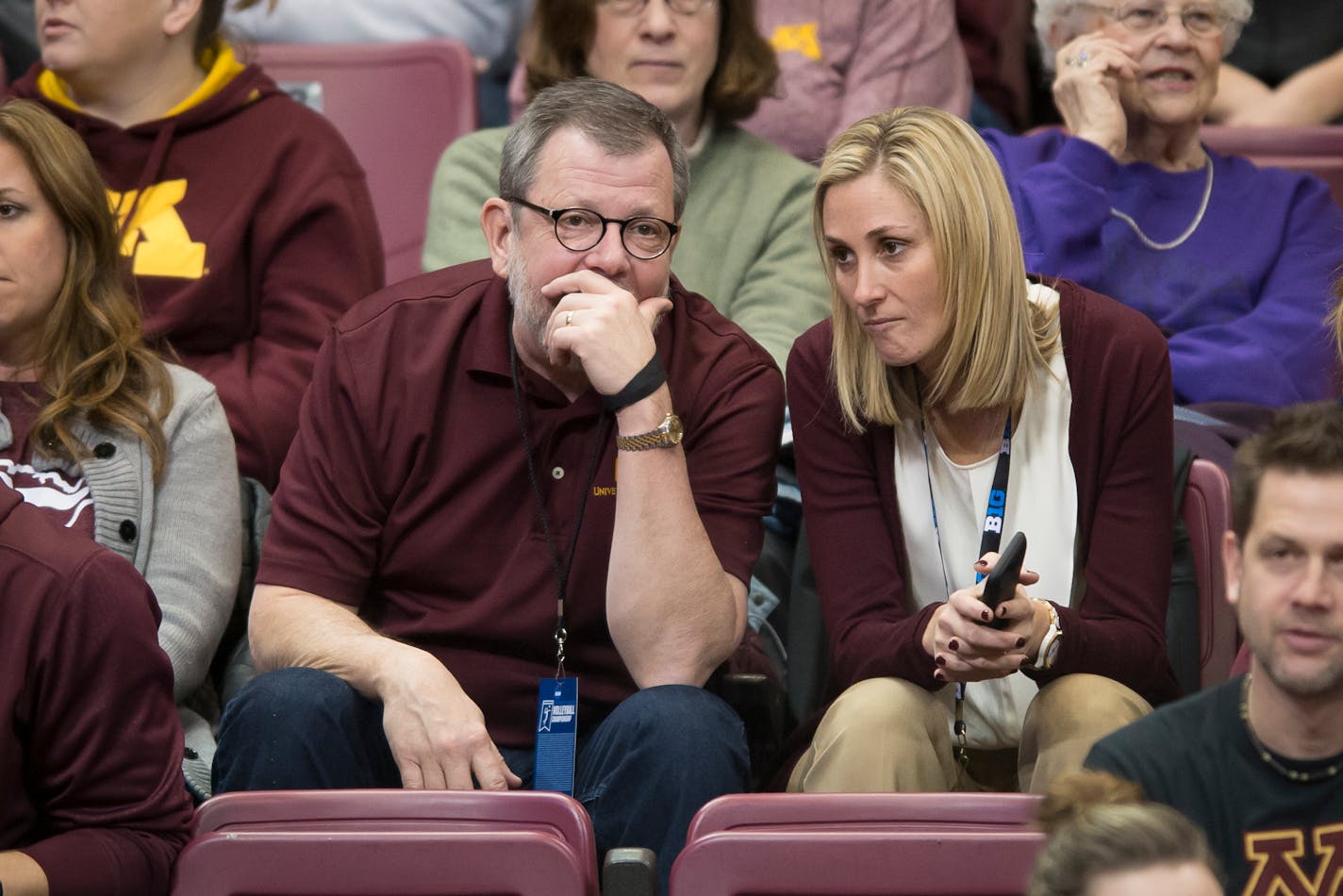 University of Minnesota President Eric Kaler and interim athletic director Beth Goetz had a conversation in the stands prior to Friday night's NCAA tournament first round volleyball match against Jackson State. ] (AARON LAVINSKY/STAR TRIBUNE) aaron.lavinsky@startribune.com The University of Minnesota Golden Gophers women�s volleyball team played Jackson State in the first round of the NCAA tournament on Friday, Dec. 4, 2015 at the University of Minnesota Sports Pavilion in Minneapolis, Minn.