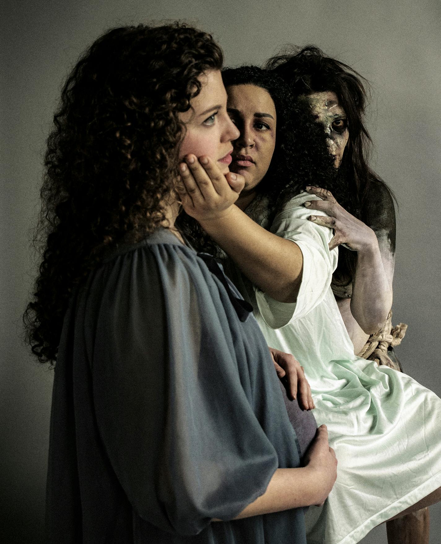 Hayley Sisler (Lily), Gabrielle Dominique (Josie), and Ariel Leaf (the Skriker) in "The Skriker" by Fortune's Fool Theatre. Photo by Phen Grant and Leah Edelman-Brier