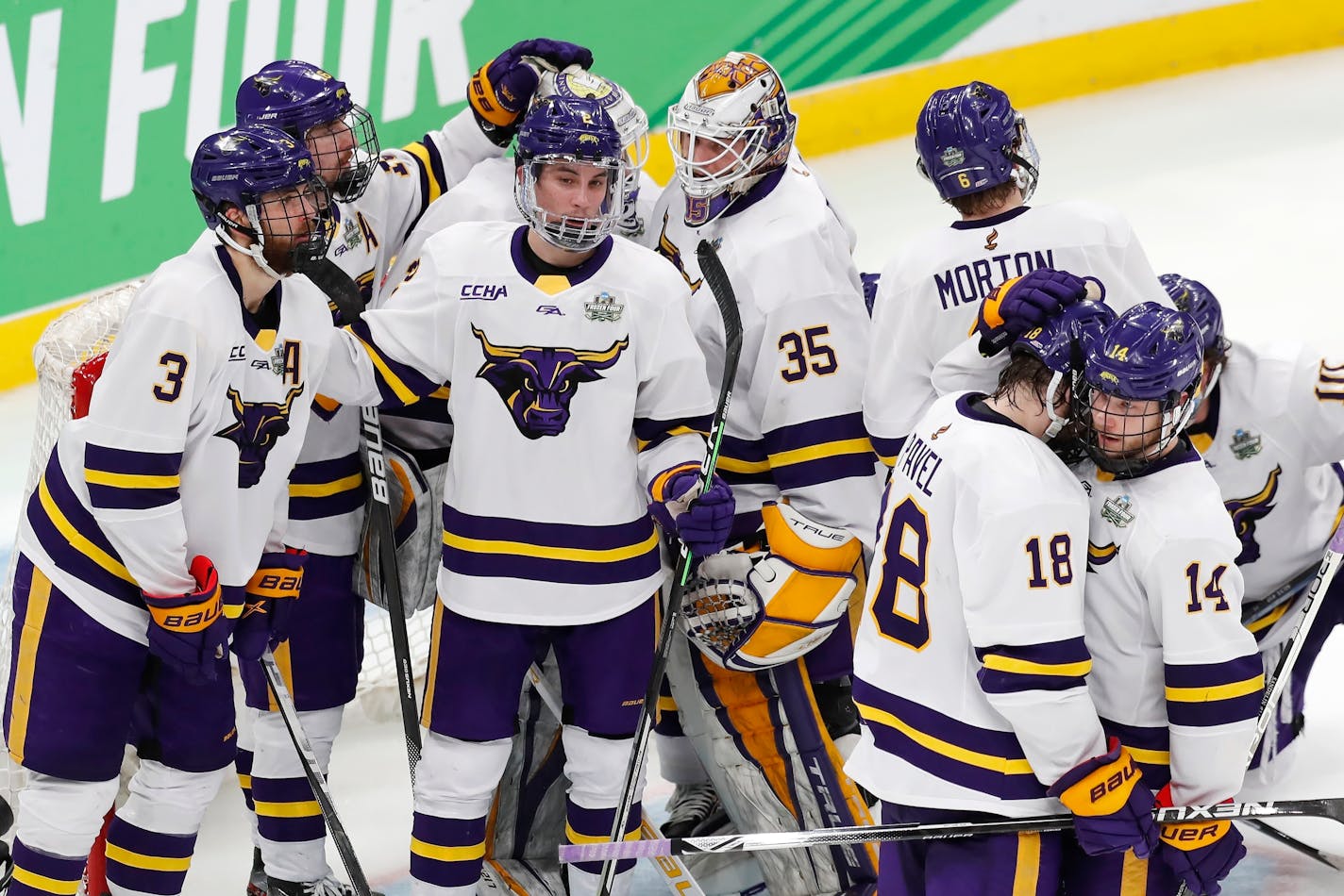 Minnesota State players gather after a loss to Denver in the NCAA men's Frozen Four championship college hockey game Saturday, April 9, 2022, in Boston. (AP Photo/Michael Dwyer)