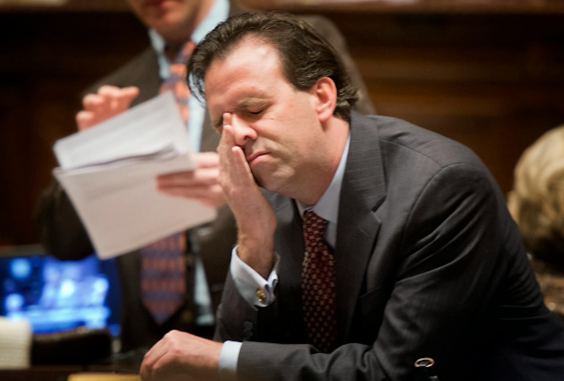 Rep Pat Garofalo rubbed his face after final passage of Rep Ryan Winkler's minimum wage bill 68-62.  Friday, May 3, 2013    ]   GLEN STUBBE * gstubbe@startribune.com