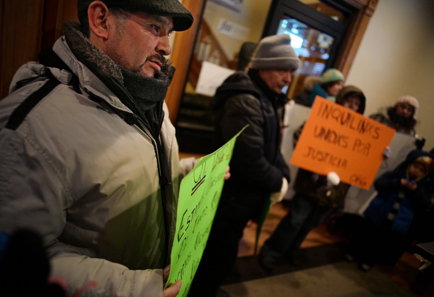 At QT headquarters in Uptown Minneapolis, United Renters for Justice are helping tenants including Luis Caguana protest large rent increases by QT Properties, a landlord. The increases are a a hardship for the minority, blue-color tenants who do not have high-wage jobs.]Richard Tsong-Taatarii/rtsong-taatarii@startribune.com ORG XMIT: MIN1612191823231914