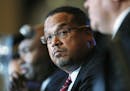 FILE - In this Dec. 2, 2016 file photo, U.S. Rep. Keith Ellison, D-Minn., listens during a forum on the future of the Democratic Party, in Denver. Ell