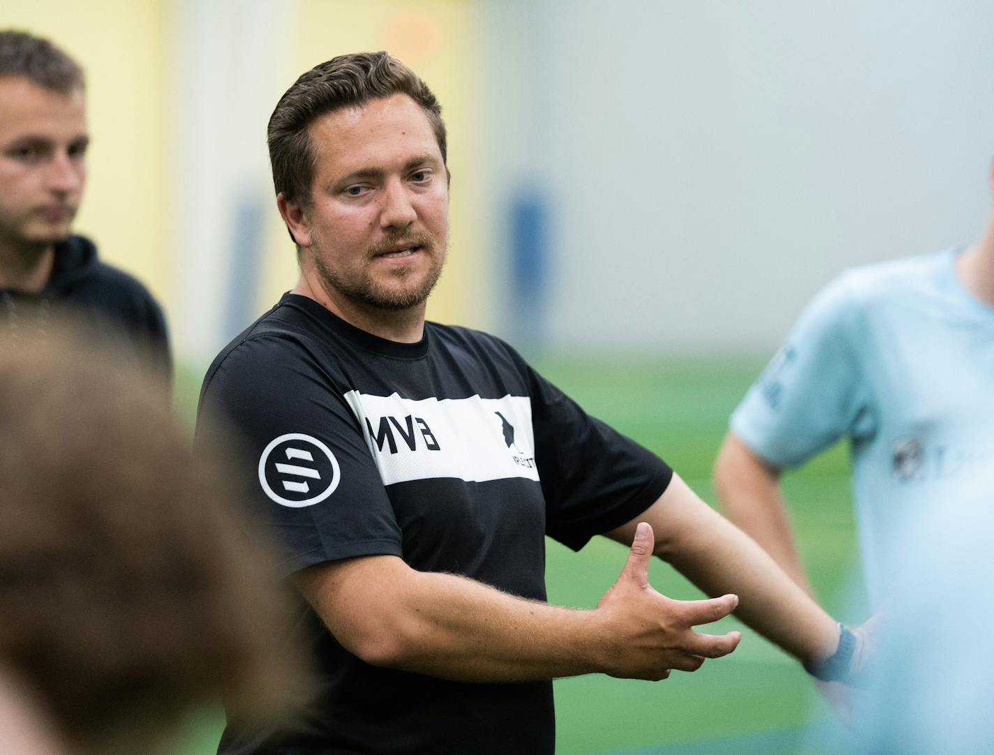 Minneapolis City SC head coach Matt vanBenschote instructs his NPSL team on drills at practice. ] MARK VANCLEAVE &#xa5; The Minneapolis City held an evening practice Monday, Jun 24, 2019 in Eden Prairie. The 9:00 to 11:00 practice is scheduled to allow players to work their day jobs.