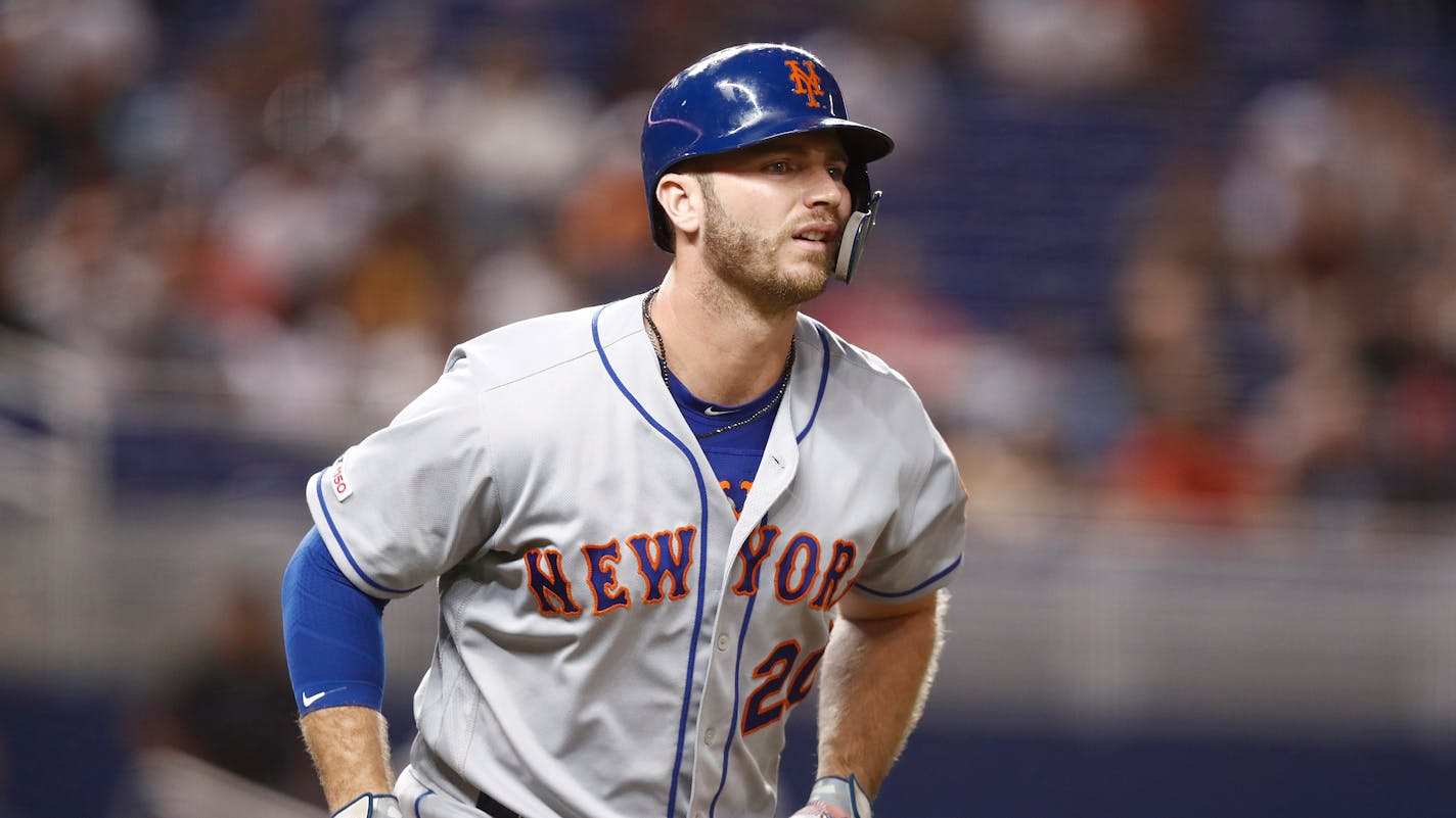 New York Mets first baseman Pete Alonso (20) runs to first base during the third inning of a baseball game against the Miami Marlins Friday, July 12, 2019, in Miami. (AP Photo/Brynn Anderson)