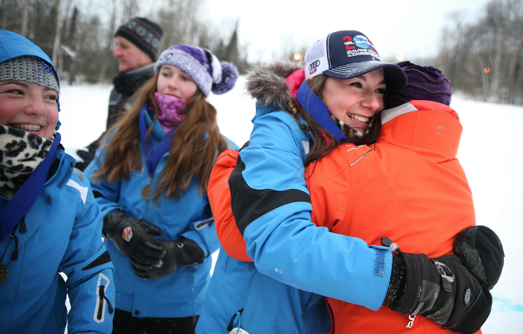 Grace McGuire of Brainerd celebrates her team's first place win in the Alpine State Ski Meet in Biwabik on Wednesday, February 11, 2015. ] LEILA NAVIDI leila.navidi@startribune.com /