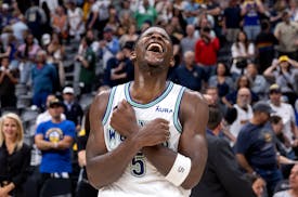 Anthony Edwards (5) of the Minnesota Timberwolves celebrates at the end of the game of Game 7 of the NBA Western Conference semifinals.