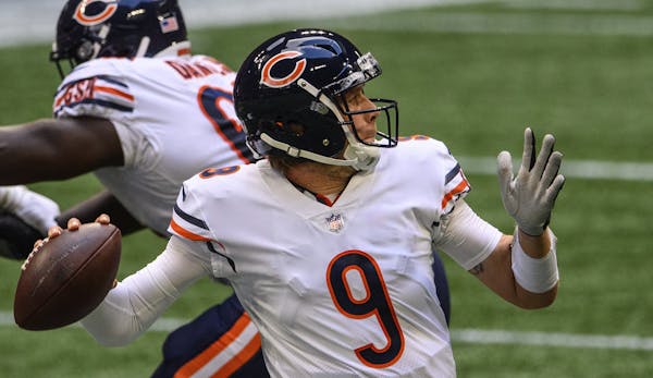 FILE - In this Sept. 27, 2020, file photo, Chicago Bears quarterback Nick Foles throws during the second half of the team's NFL football game against 