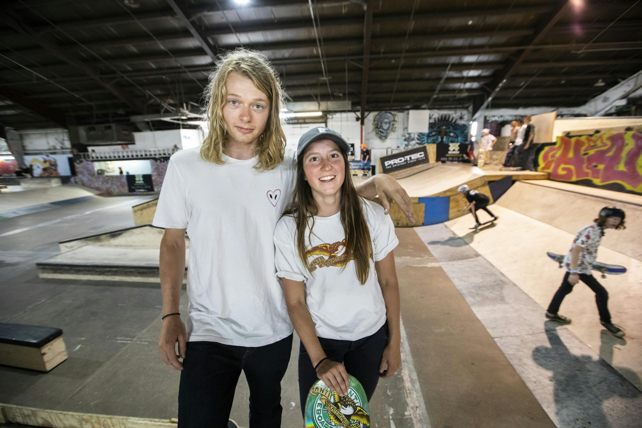 Alec Majerus of Rochester and Nicole Hause of Stillwater posed for a picture at 3rd Lair Skate Park during a media day for the X Games on June 21, 2018, in Golden Valley, Minn.