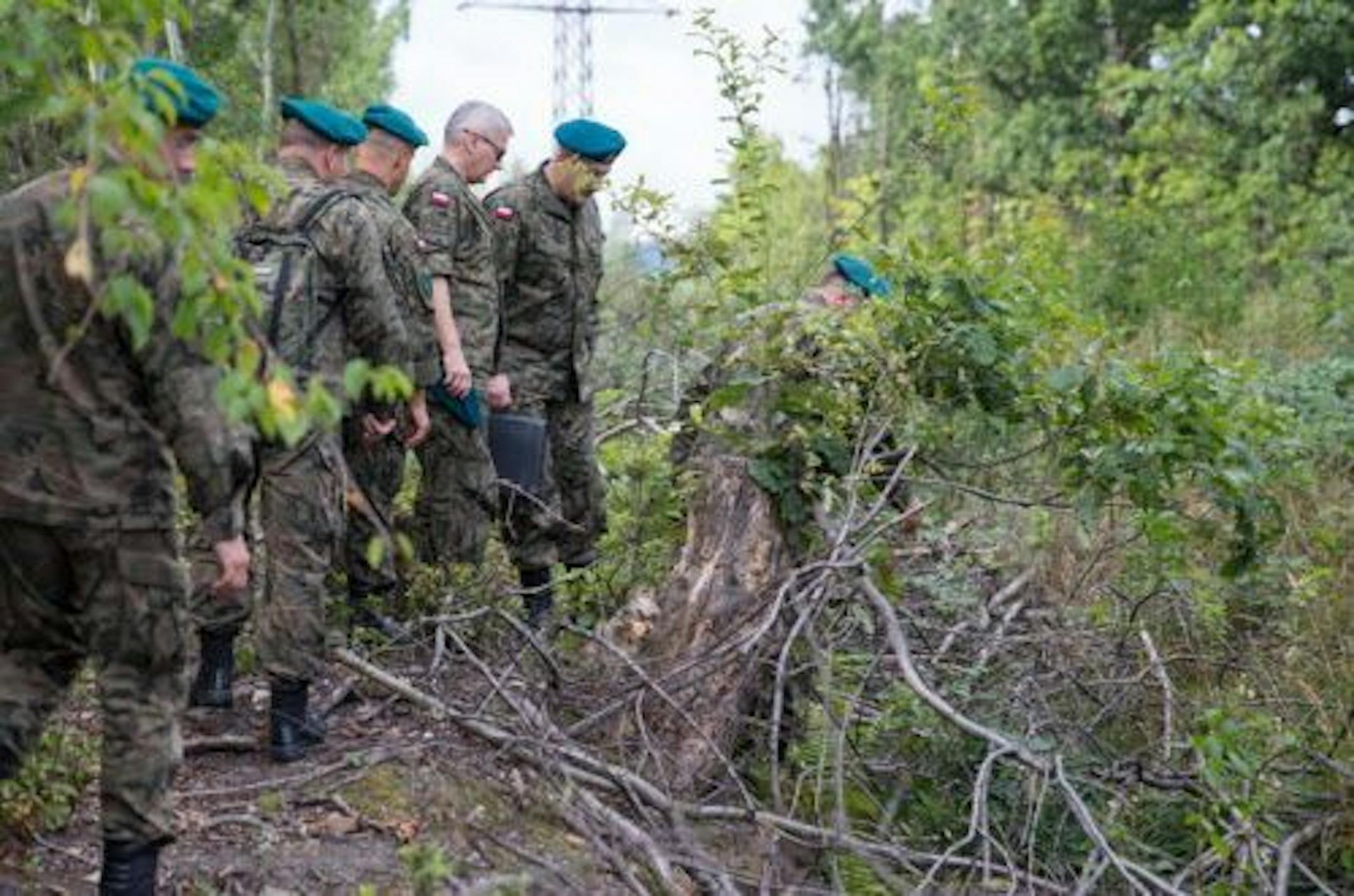 Polish military officials inspect the site where, according to two men, a World War II armored train is hidden in the ground, in Walbrzych, Poland, on Friday, Sept. 4, 2015.