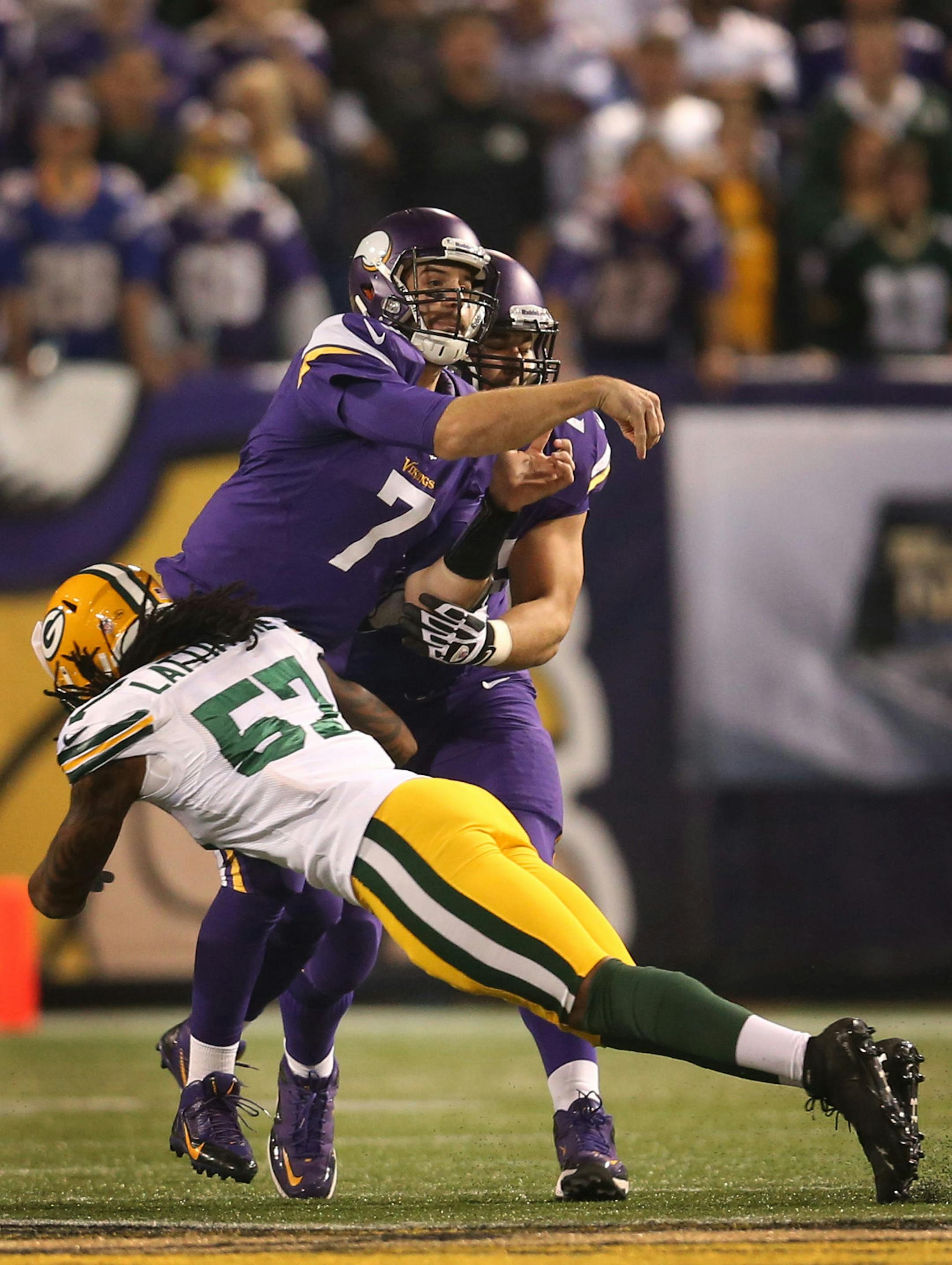 Vikings quarterback Christian Ponder was hit by linebacker Jamari Lattimore shortly after releasing the ball. The Vikings lost 44-31 to the Packers and fell to 1-6 on the season. ] MCKENNA EWEN &#xb7; mckenna.ewen@startribune.com Minnesota Vikings and Green Bay Packers - Mall of America Field in Minneapolis, Minnesota - 10/21/2013