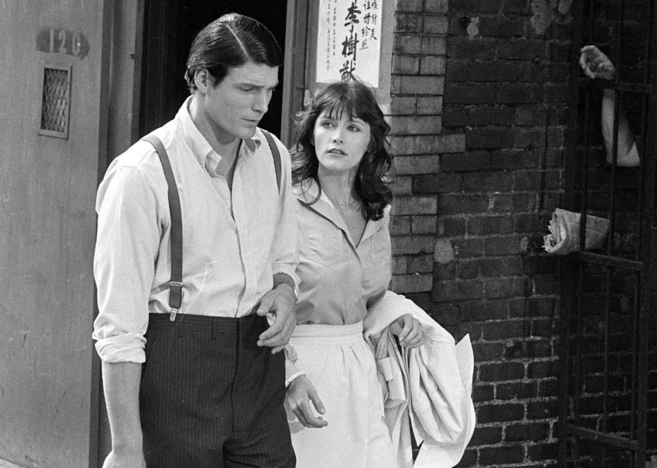 FILE - In this July 8, 1977 file photo, Christopher Reeve, left, and Margot Kidder appear during the filming of "Superman" in New York's Lower East Side. Kidder, who starred as Lois Lane in the "Superman" film franchise of the late 1970s and early 1980s, has died. Franzen-Davis Funeral Home in Livingston, Montana posted a notice on its website saying Kidder died Sunday, May 13, 2918, at her home there. She was 69.