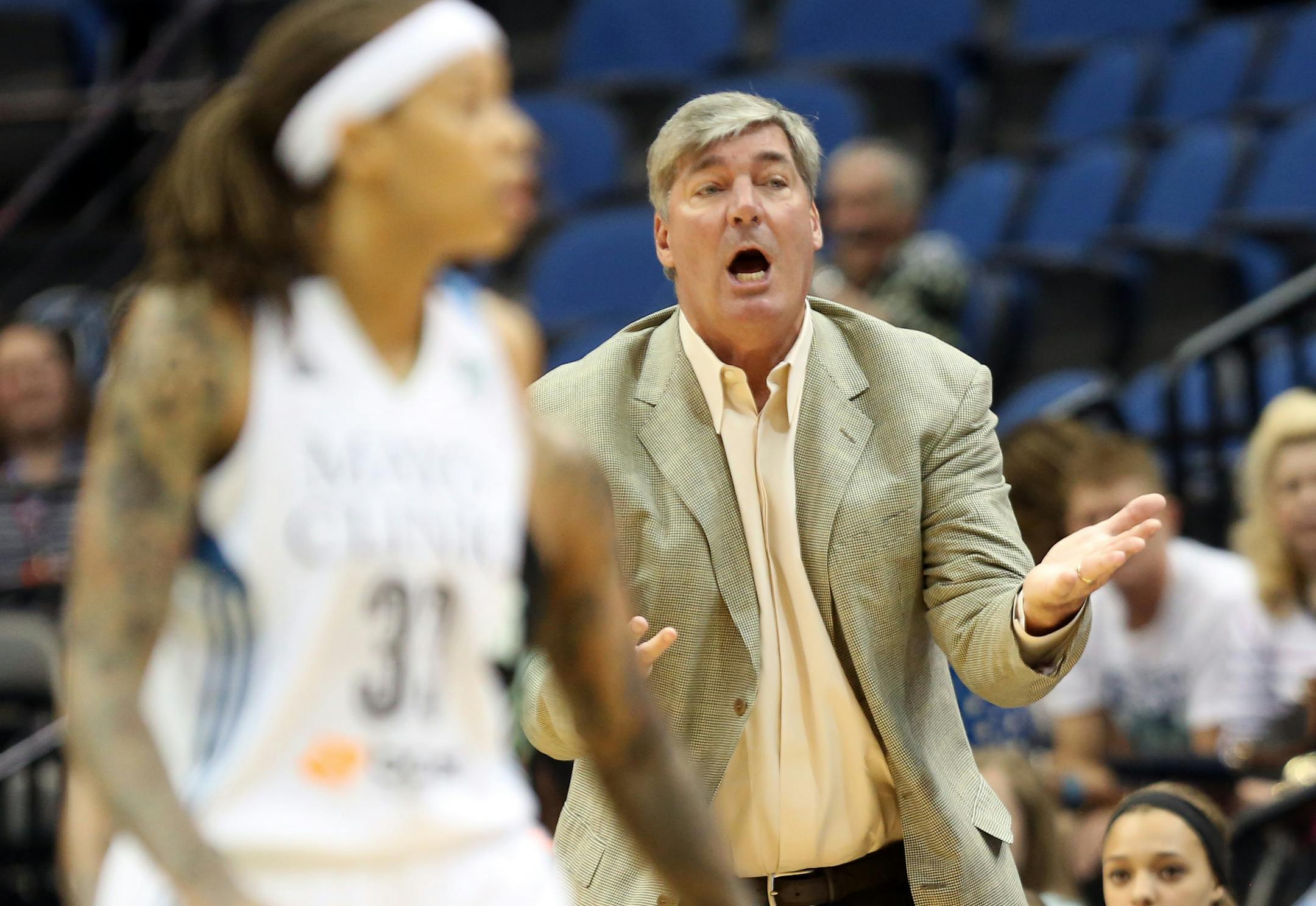 Liberty's head coach Bill Laimbeer reacted after a call during the first half. ] (KYNDELL HARKNESS/STAR TRIBUNE) kyndell.harkness@startribune.com Lynx vs New York Liberty at the Target Center in Minneapolis Min. Saturday, May 24, 2014.