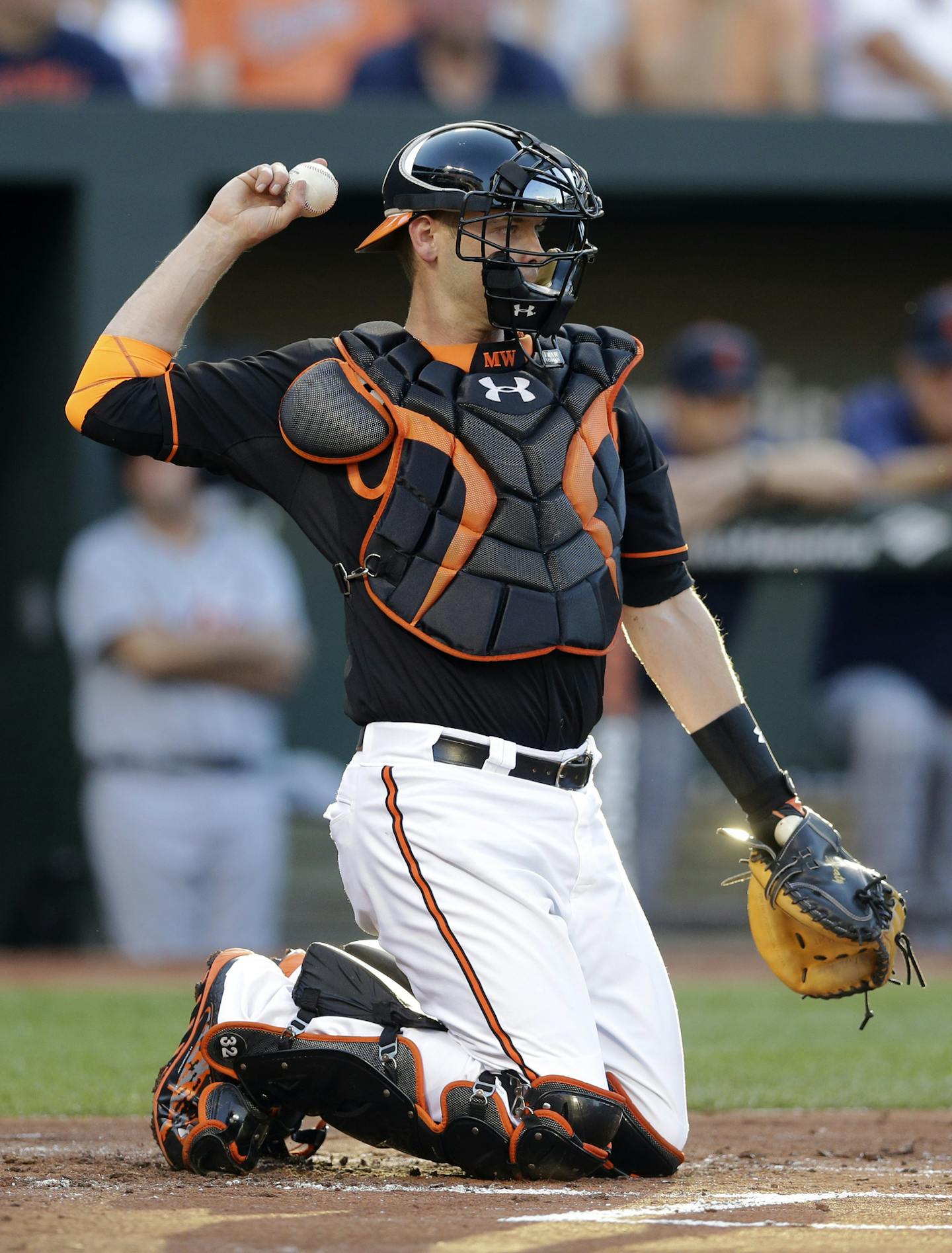 Baltimore Orioles catcher Matt Wieters throws a ball to starting pitcher Wei-Yin Chen, of Taiwan, during a baseball game against the Detroit Tigers, Friday, July 31, 2015, in Baltimore. (AP Photo/Patrick Semansky) ORG XMIT: OTK