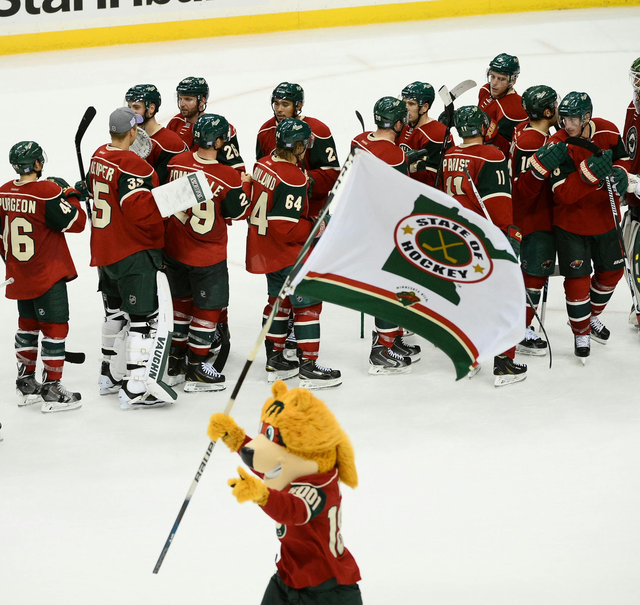 Minnesota Wild mascot "Nordy" waved the "State of Hockey" flag as the team celebrated its 3-0 victory over the Anaheim Ducks Saturday. ] (AARON LAVINSKY/STAR TRIBUNE) aaron.lavinsky@startribune.com The Minnesota Wild played the Anaheim Ducks on Saturday, Oct. 24, 2015 at Xcel Energy Center in St. Paul, Minn.