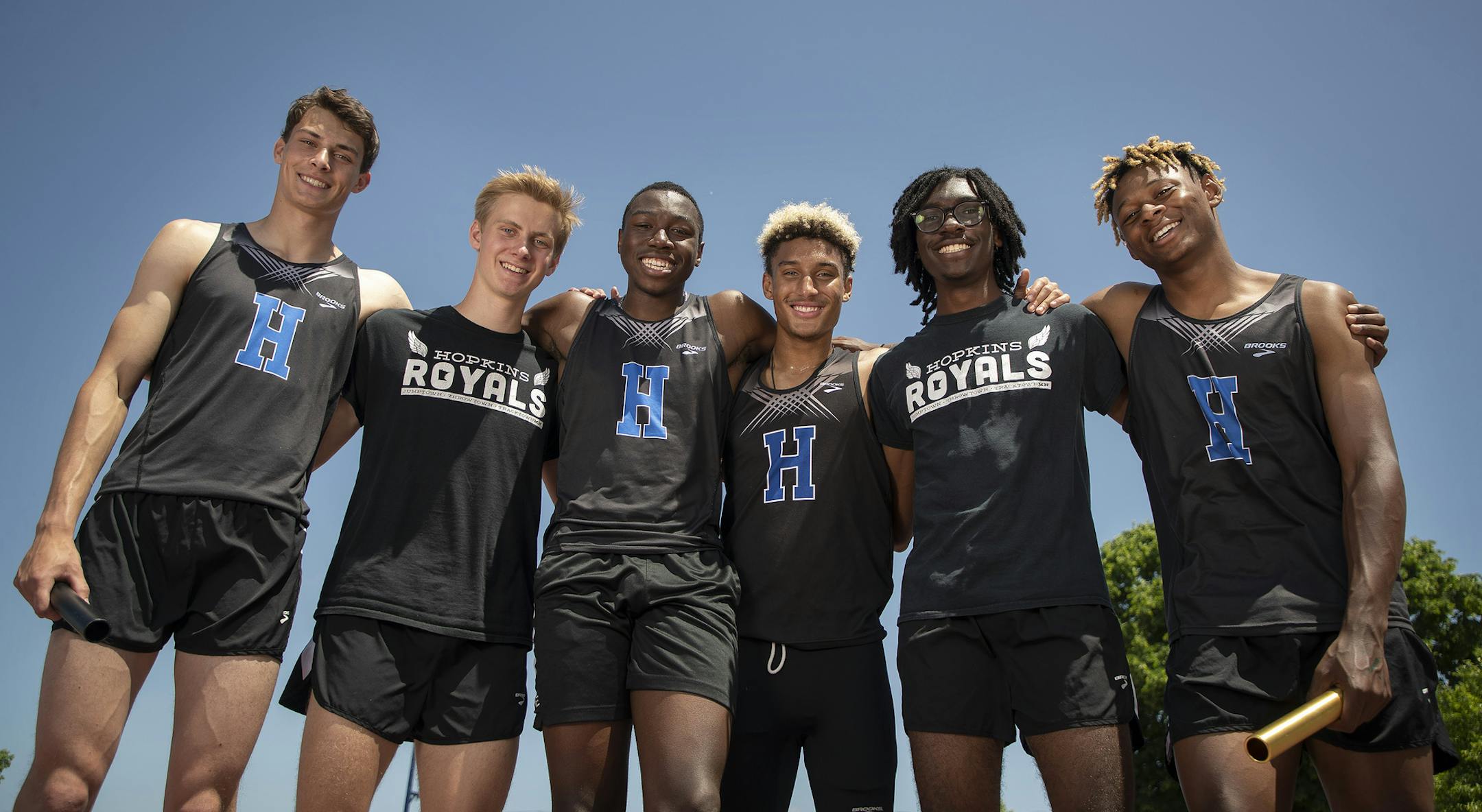 Members of the Hopkins relay teams (left to right): Wyatt Lubarski, Sam Leervig, Joe Fahnbulleh, George Jackson, Jaylen Champion, and Ty Bennett. Photo: Jerry Holt • Jerry.holt@startribune.com